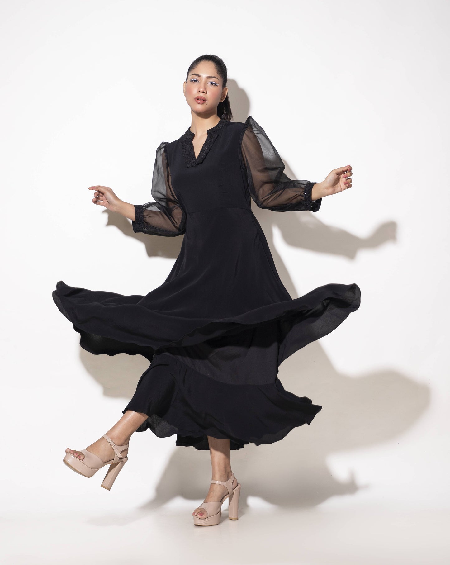 Double Layer Long Dress with Organza Sleeve - Arimi - House Of Design