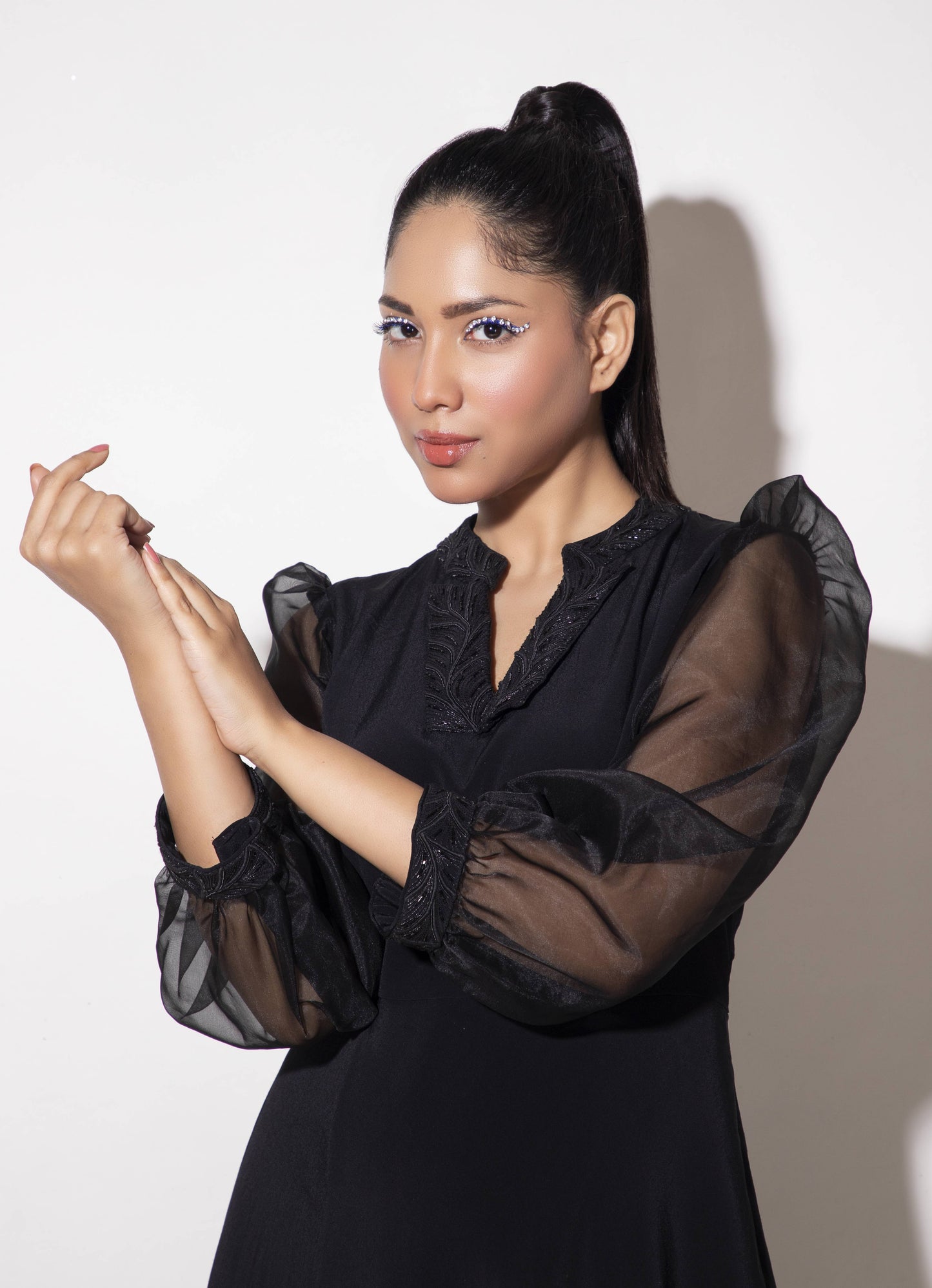 Double Layer Long Dress with Organza Sleeve - Arimi - House Of Design