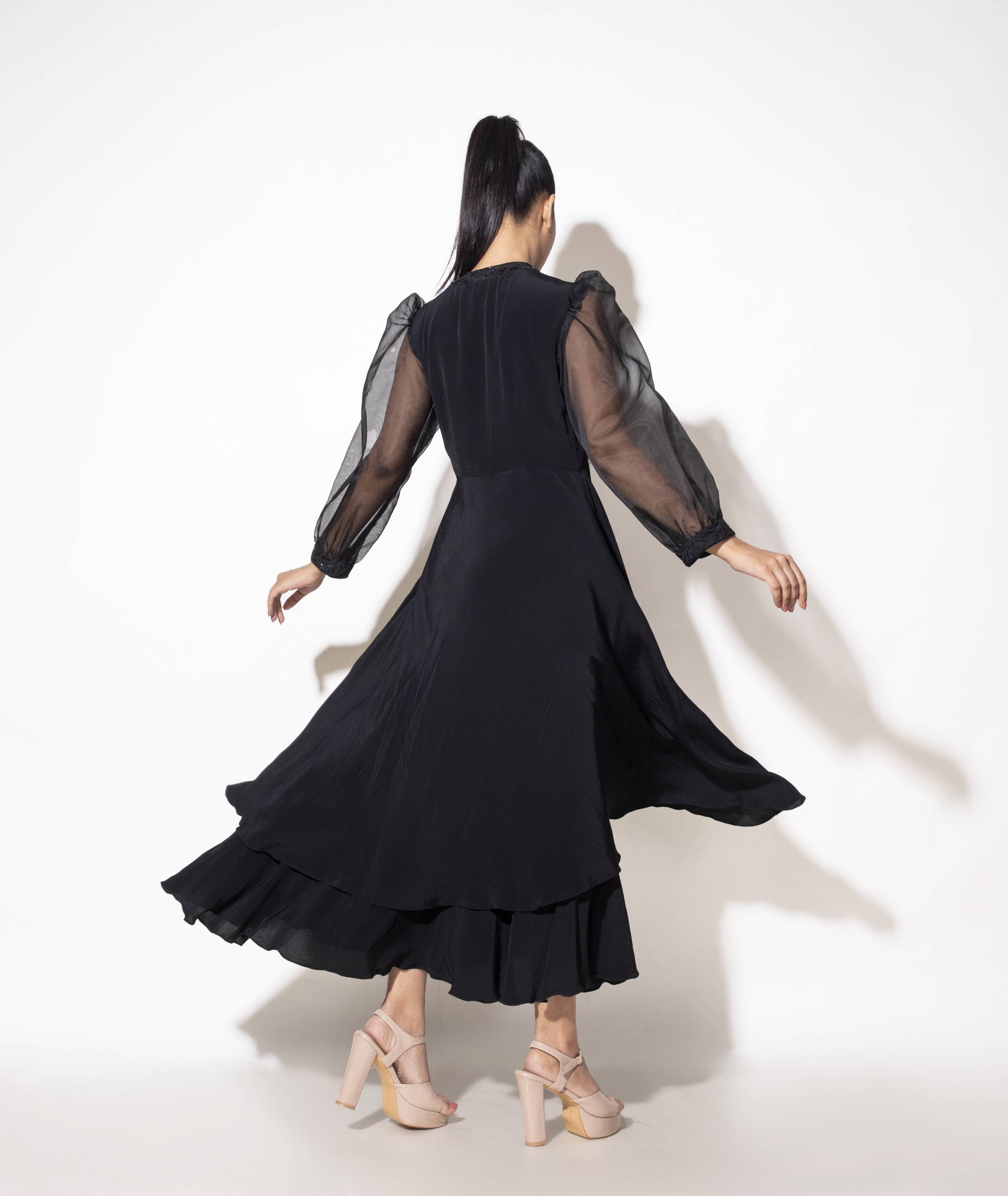 Double Layer Long Dress with Organza Sleeve - Arimi - House Of Design