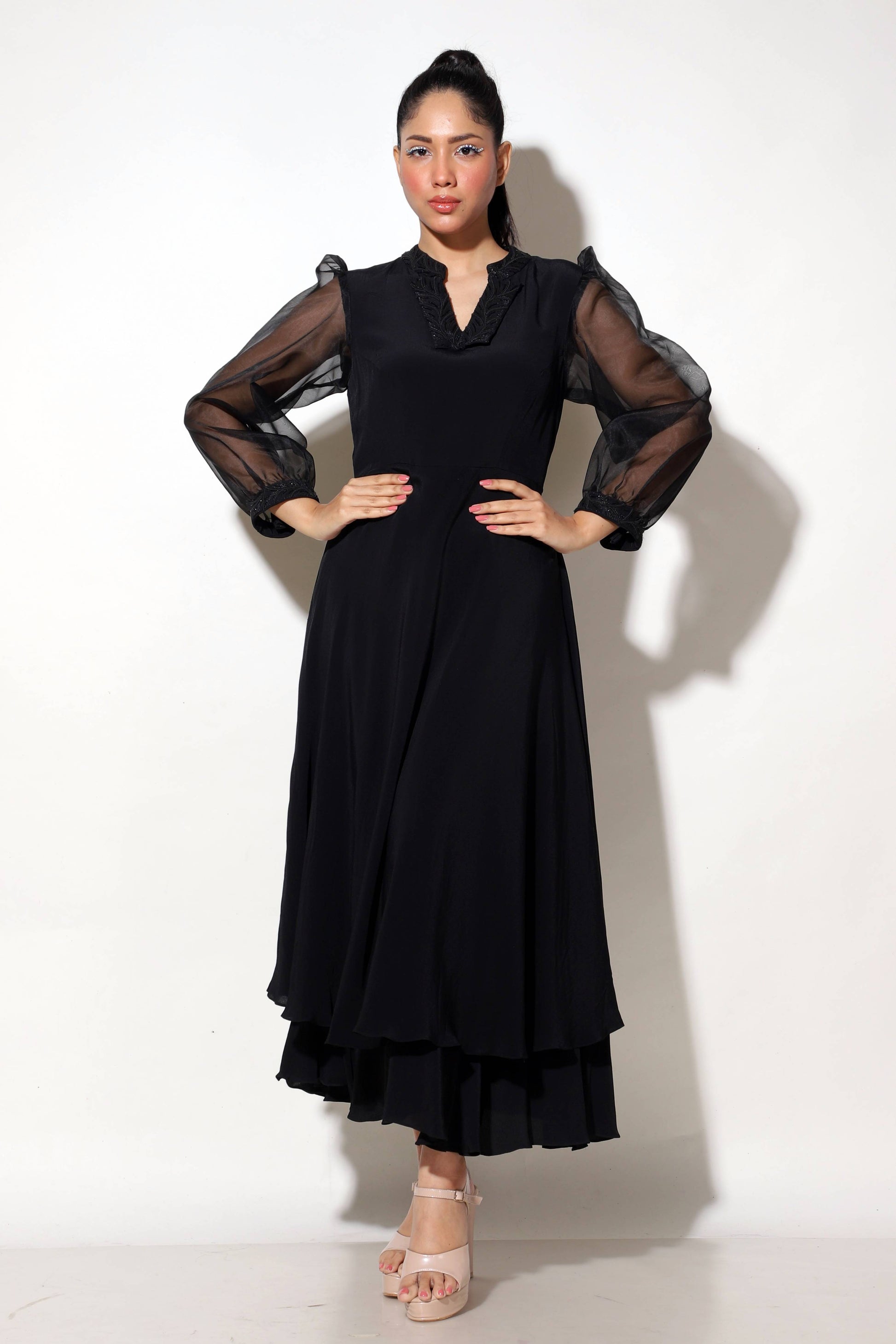 Double Layer Long Dress with Organza Sleeve - Arimi - House Of Design
