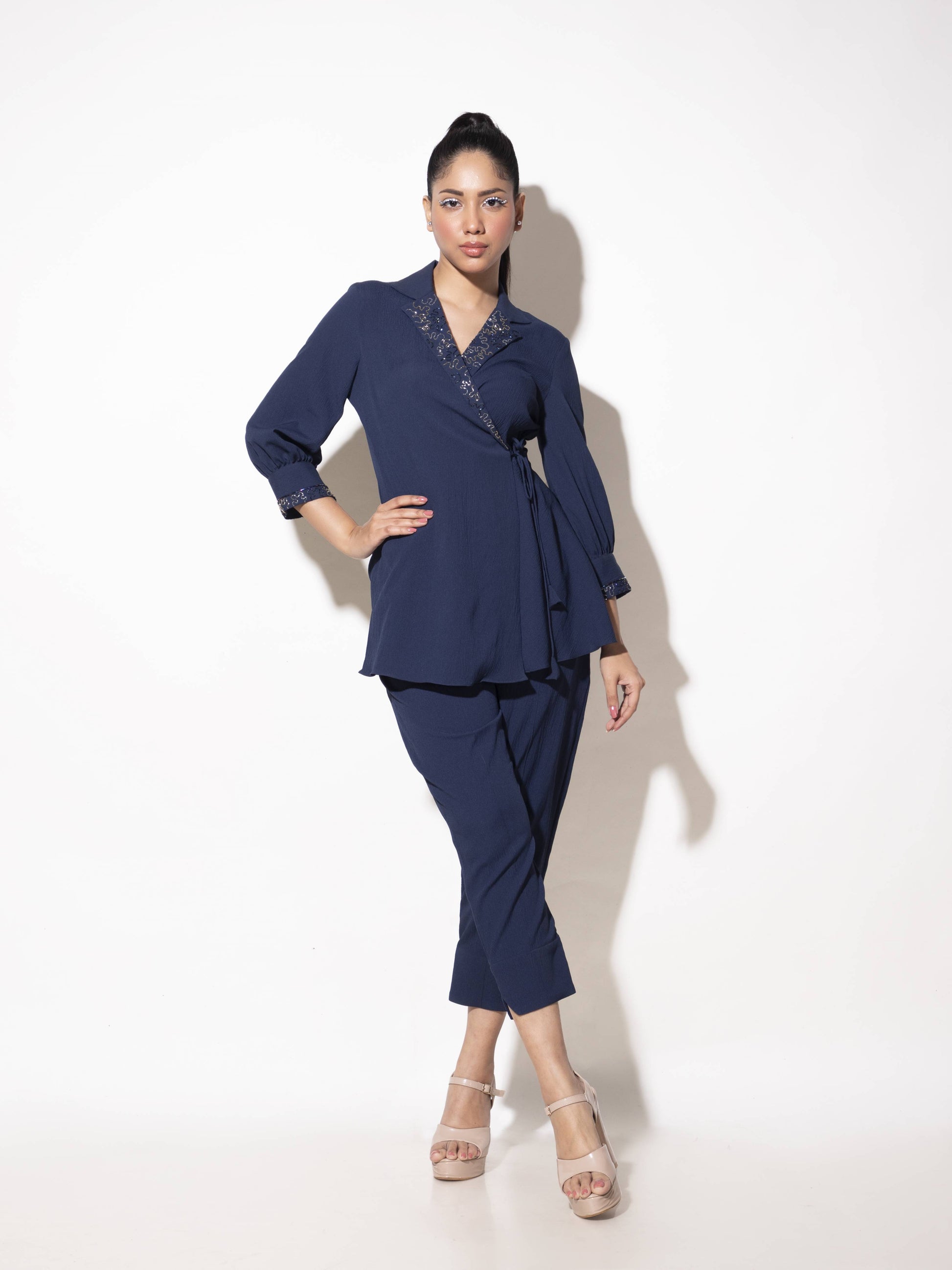 Kardana Collar Embroidery Tie-up Co-ord Set - Arimi - House Of Design