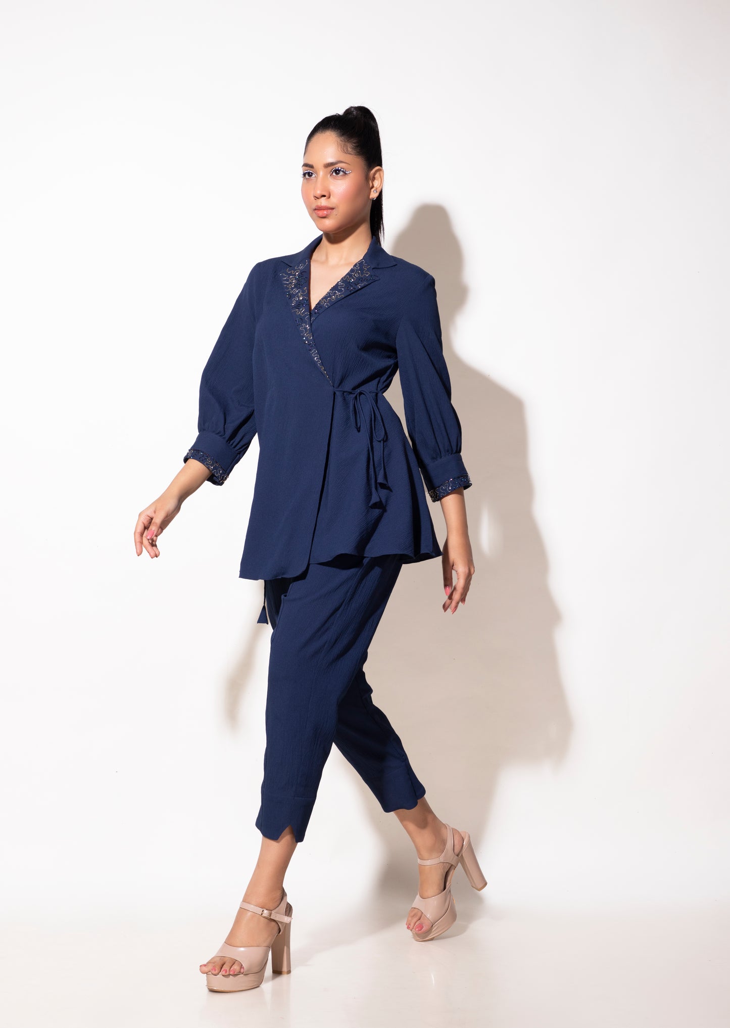 Kardana Collar Embroidery Tie-up Co-ord Set - Arimi - House Of Design