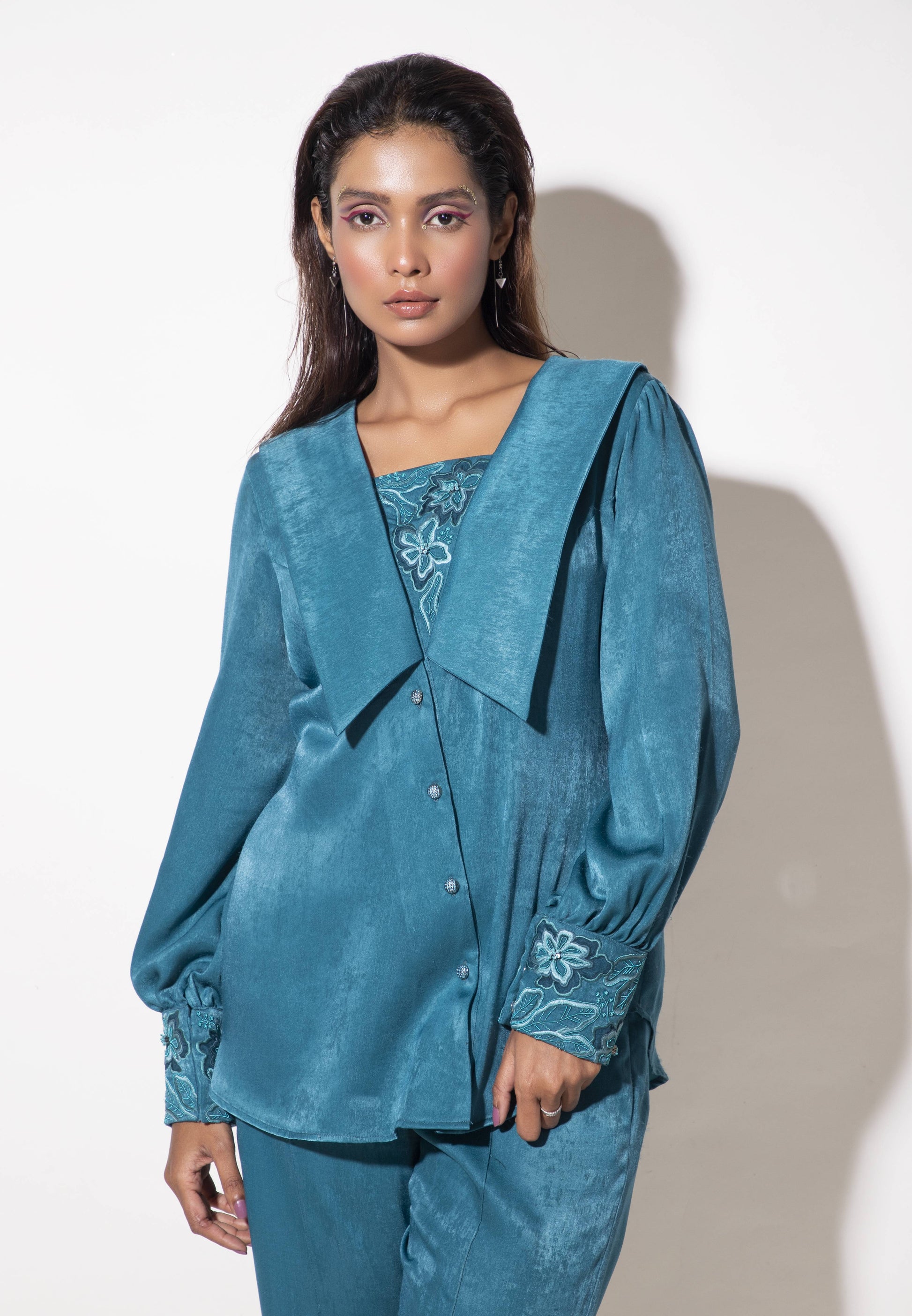 Diagonal Placket with Collar Flap Detail Co-ord Set - Arimi - House Of Design