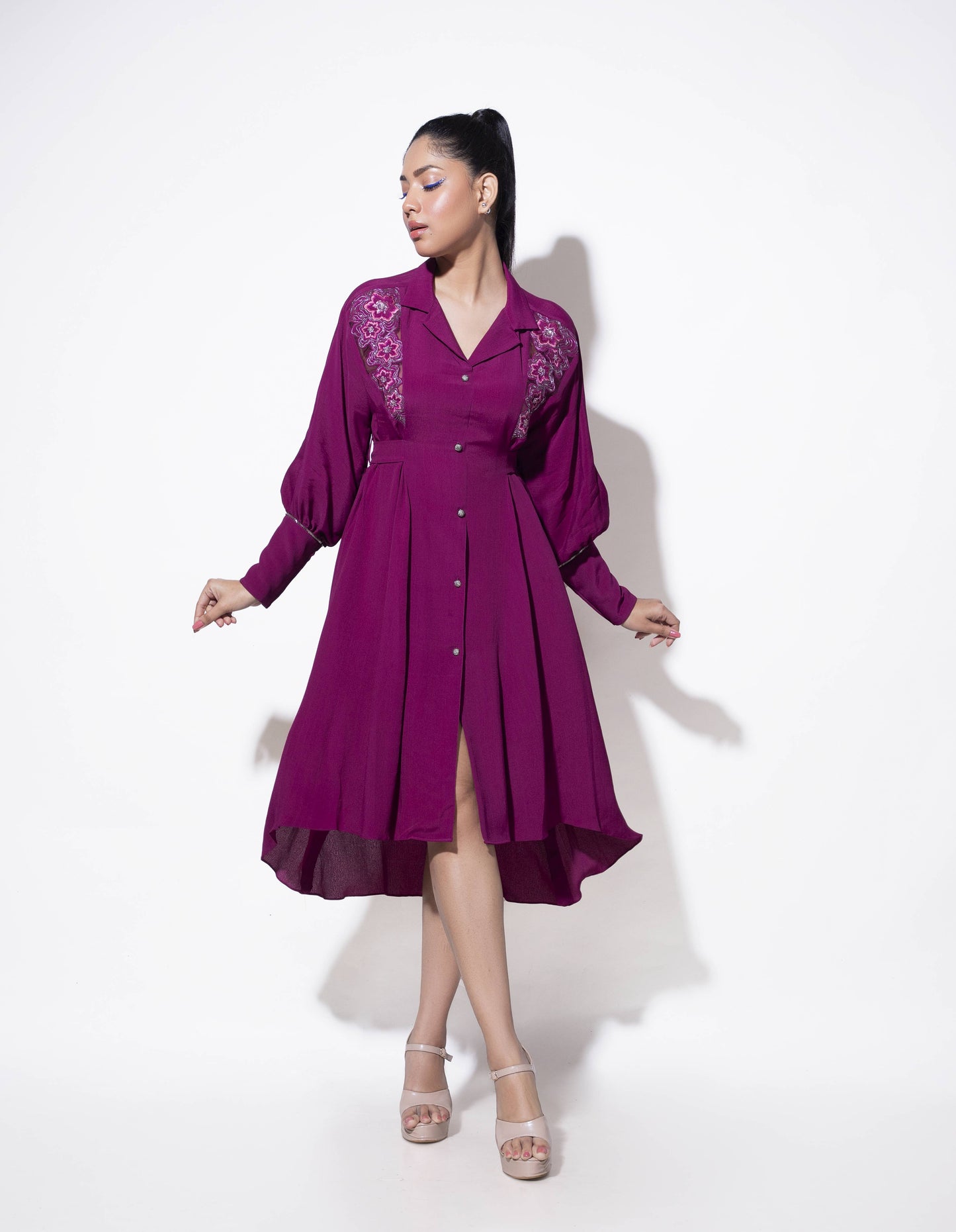 V Panel Floral Embroidered Dress - Arimi - House Of Design