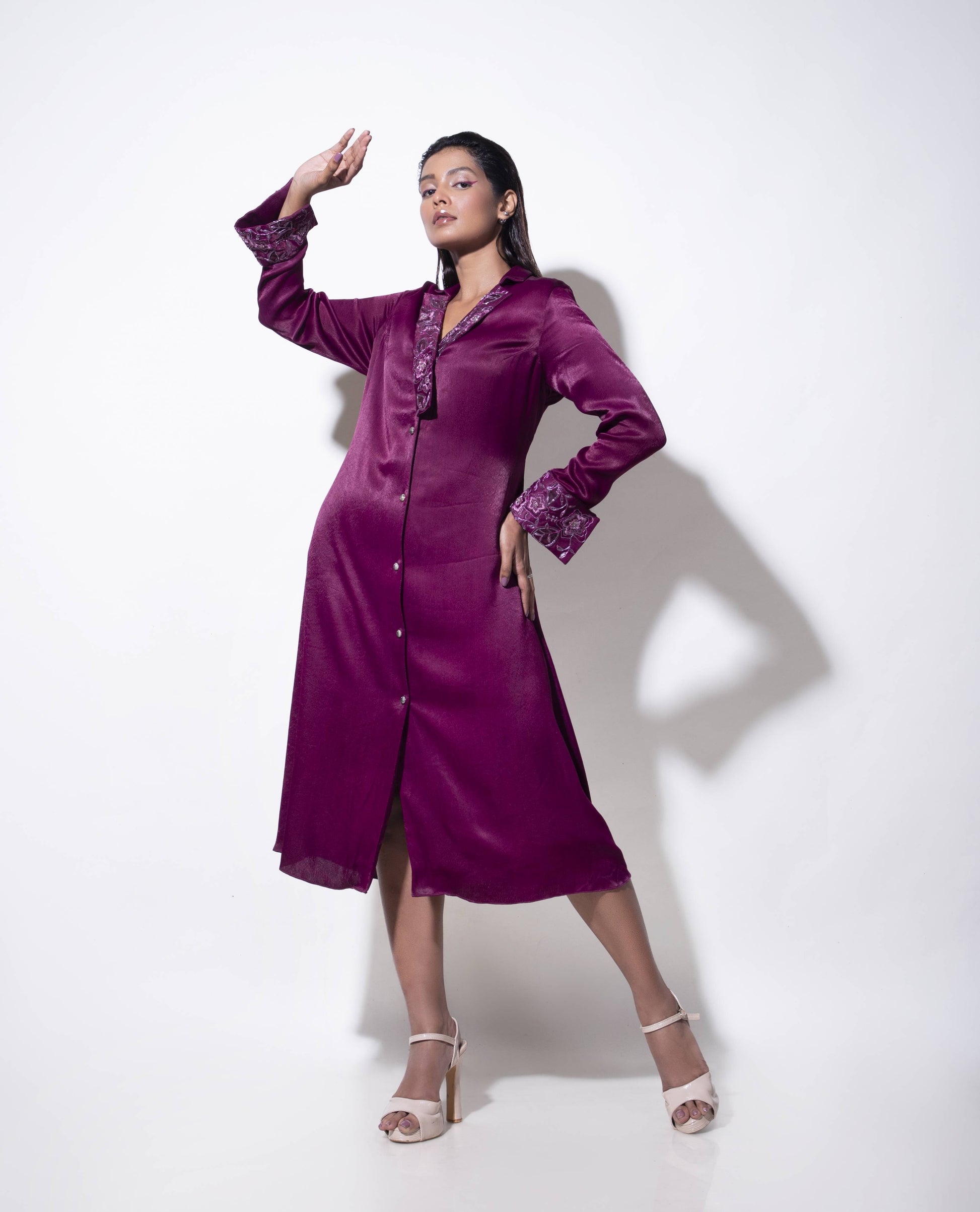 Y Neck Embroidered A line Dress - Arimi - House Of Design