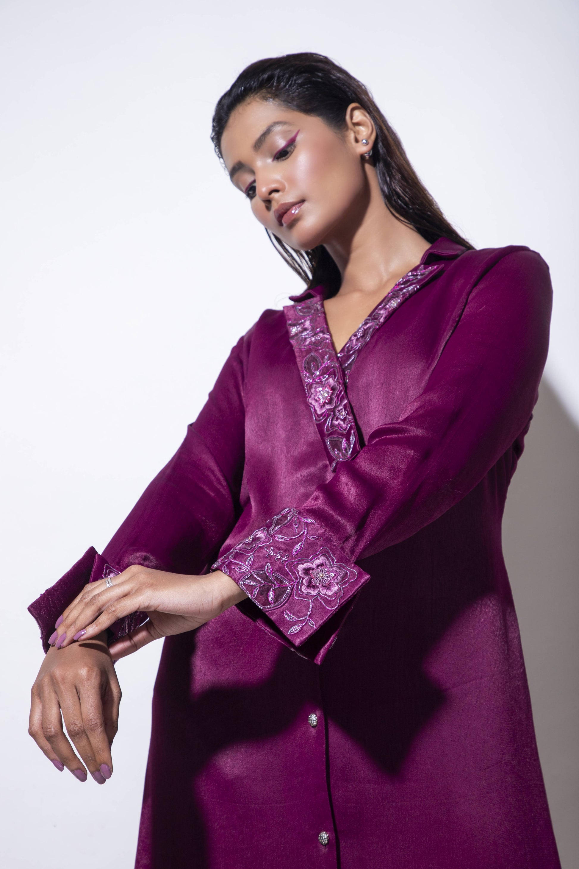 Y Neck Embroidered A line Dress - Arimi - House Of Design