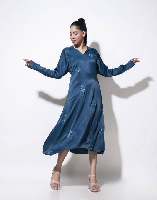 Balloon Raglan Sleeve Dress with Placement Embroidery - Arimi - House Of Design