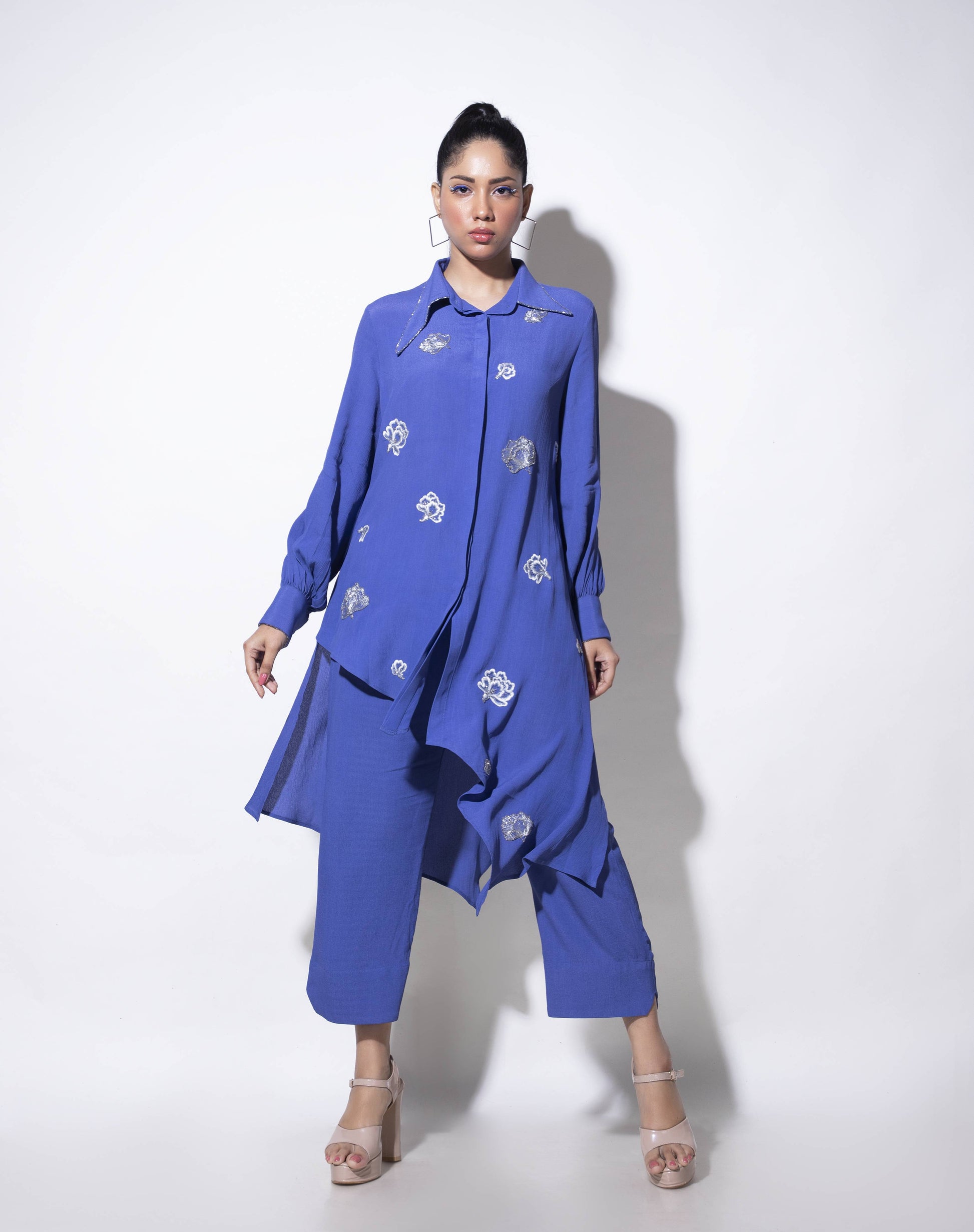 Asymmetric long shirt with Floral Placement Embroidery - Arimi - House Of Design