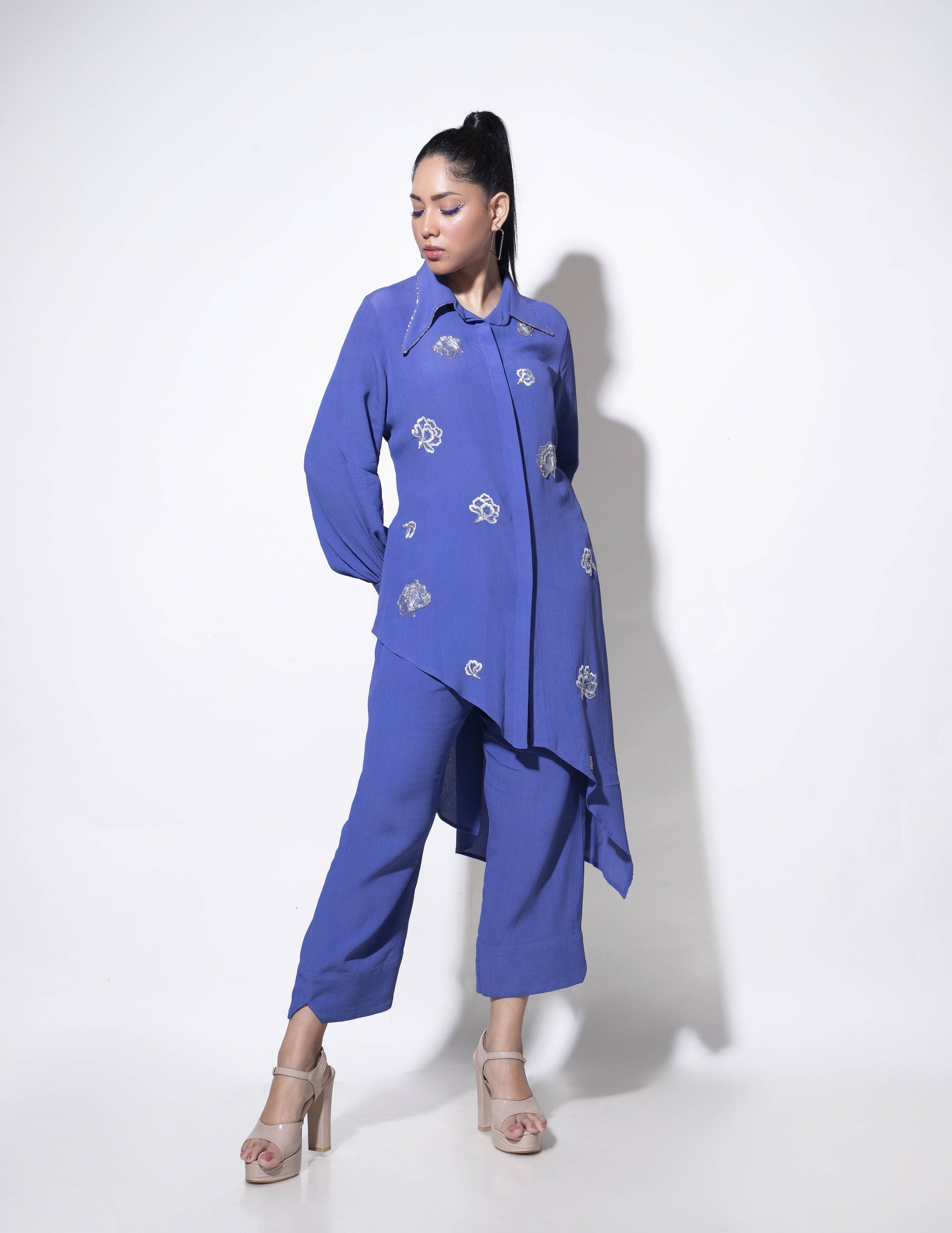 Asymmetric long shirt with Floral Placement Embroidery - Arimi - House Of Design