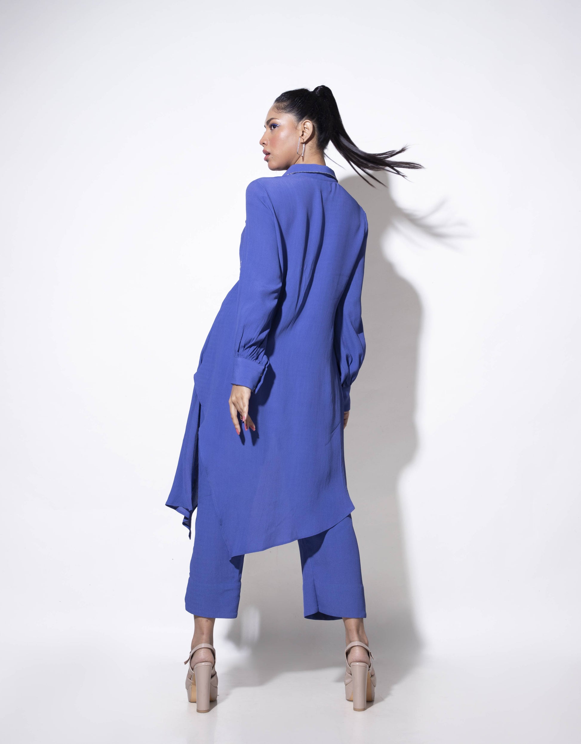 Asymmetric long shirt with Floral Placement Embroidery - Arimi - House Of Design