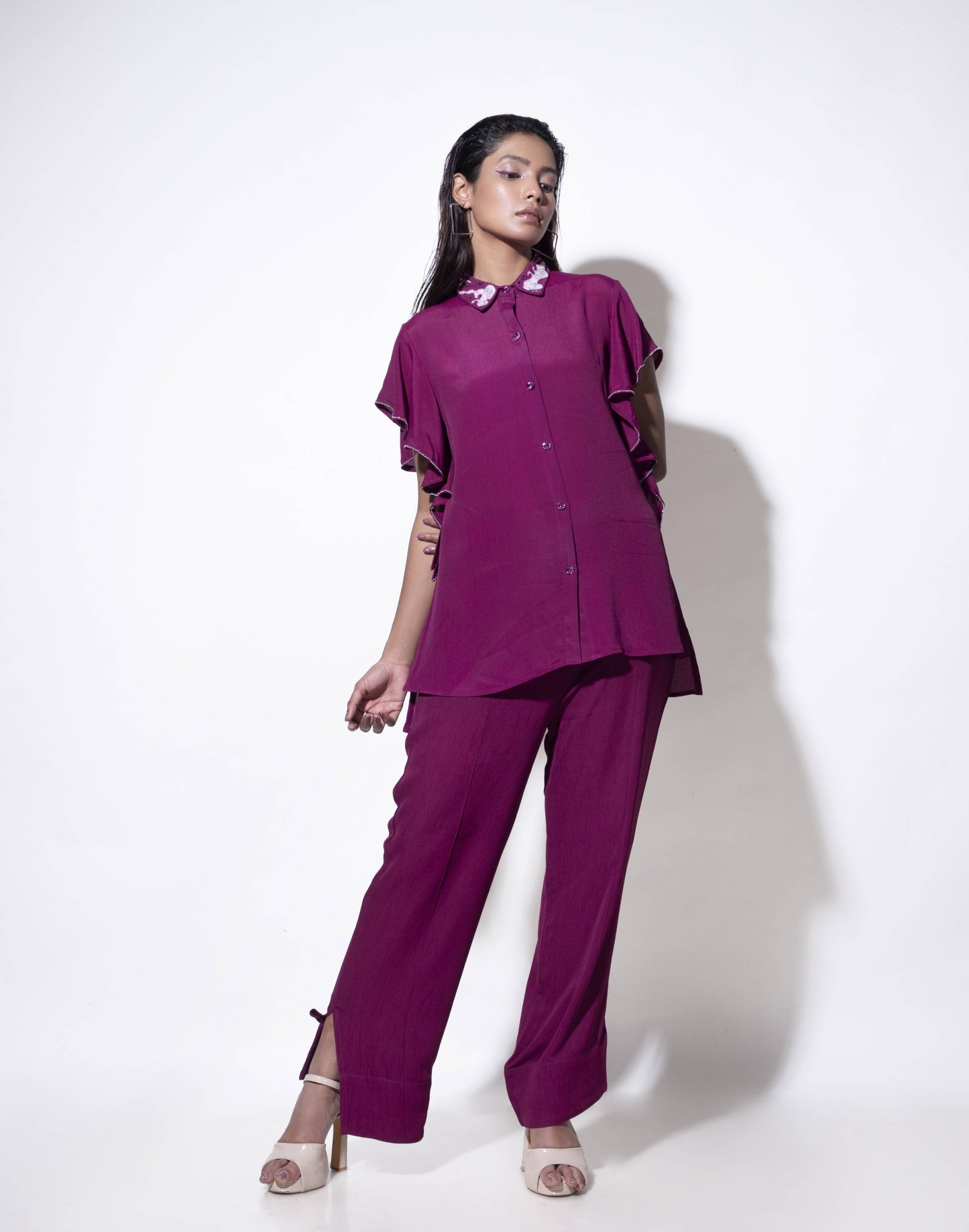 Collar Embroidered Co-ord with Cascade Sleeves - Arimi - House Of Design