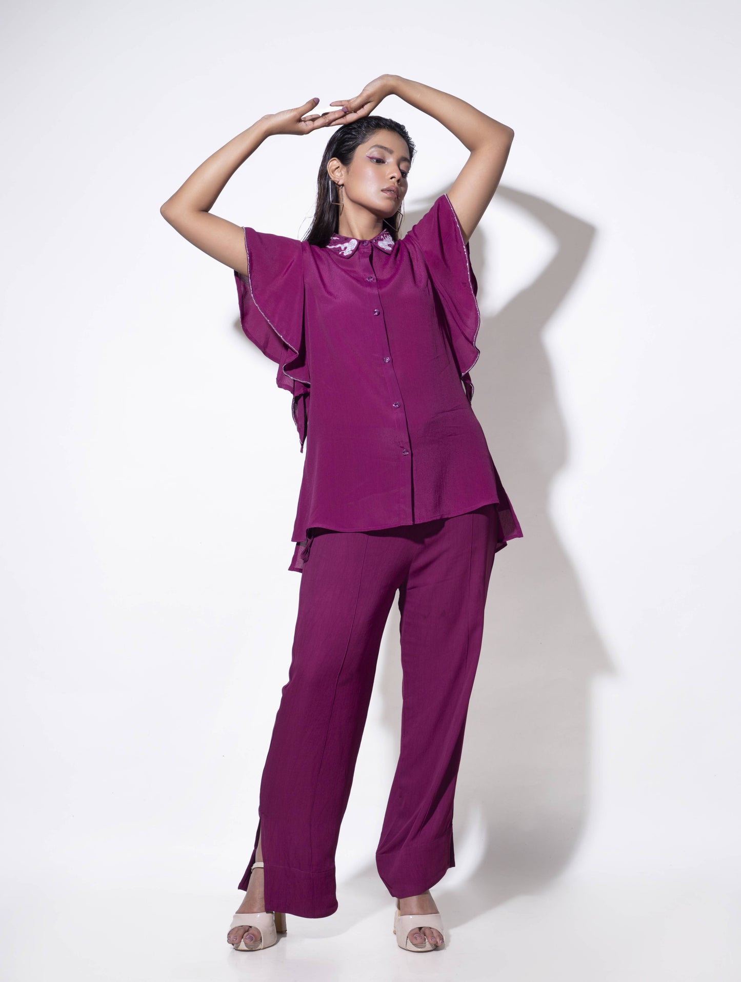 Collar Embroidered Co-ord with Cascade Sleeves - Arimi - House Of Design