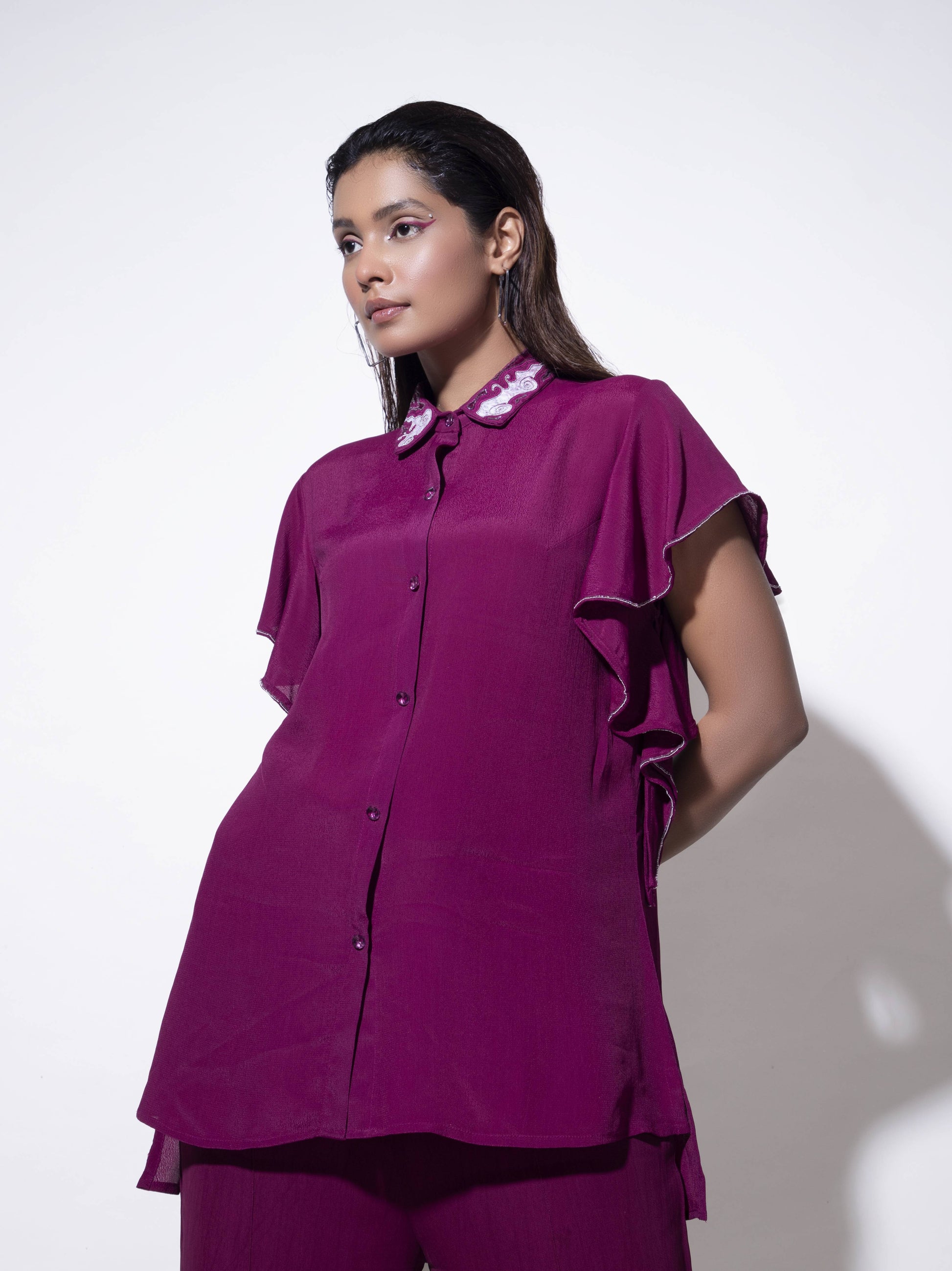 Collar Embroidered Co-ord with Cascade Sleeves - Arimi - House Of Design