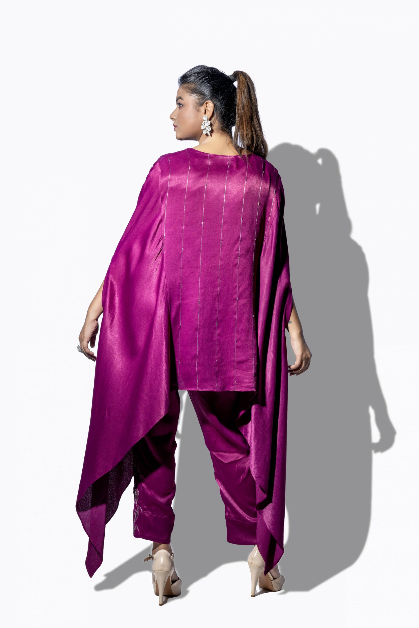 High Hem Embroidered Magenta Kaftan Set - Arimi - House Of Design
