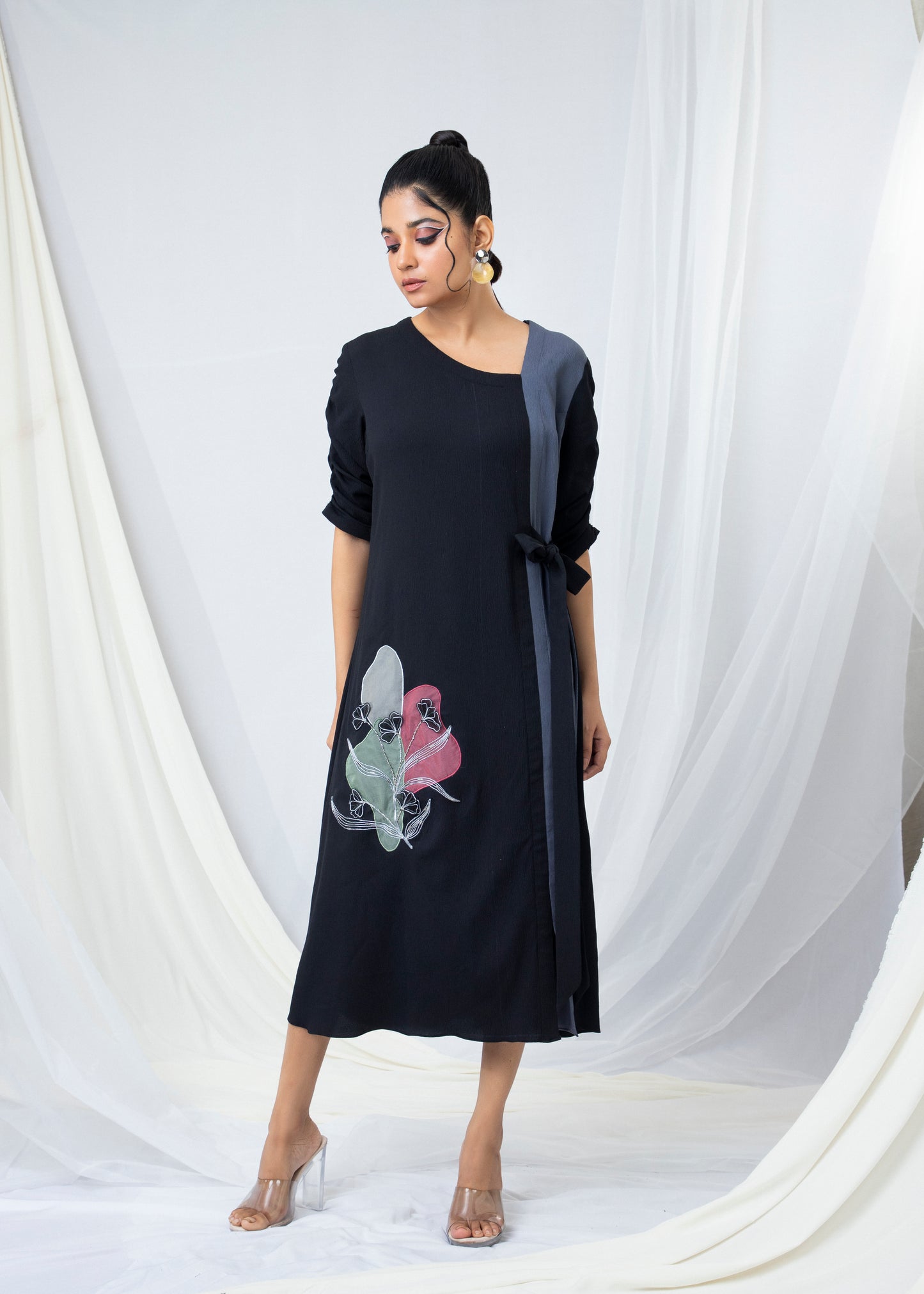 Bi-colour Tie-up A Line Dress with Floral Embroidery - Arimi - House Of Design