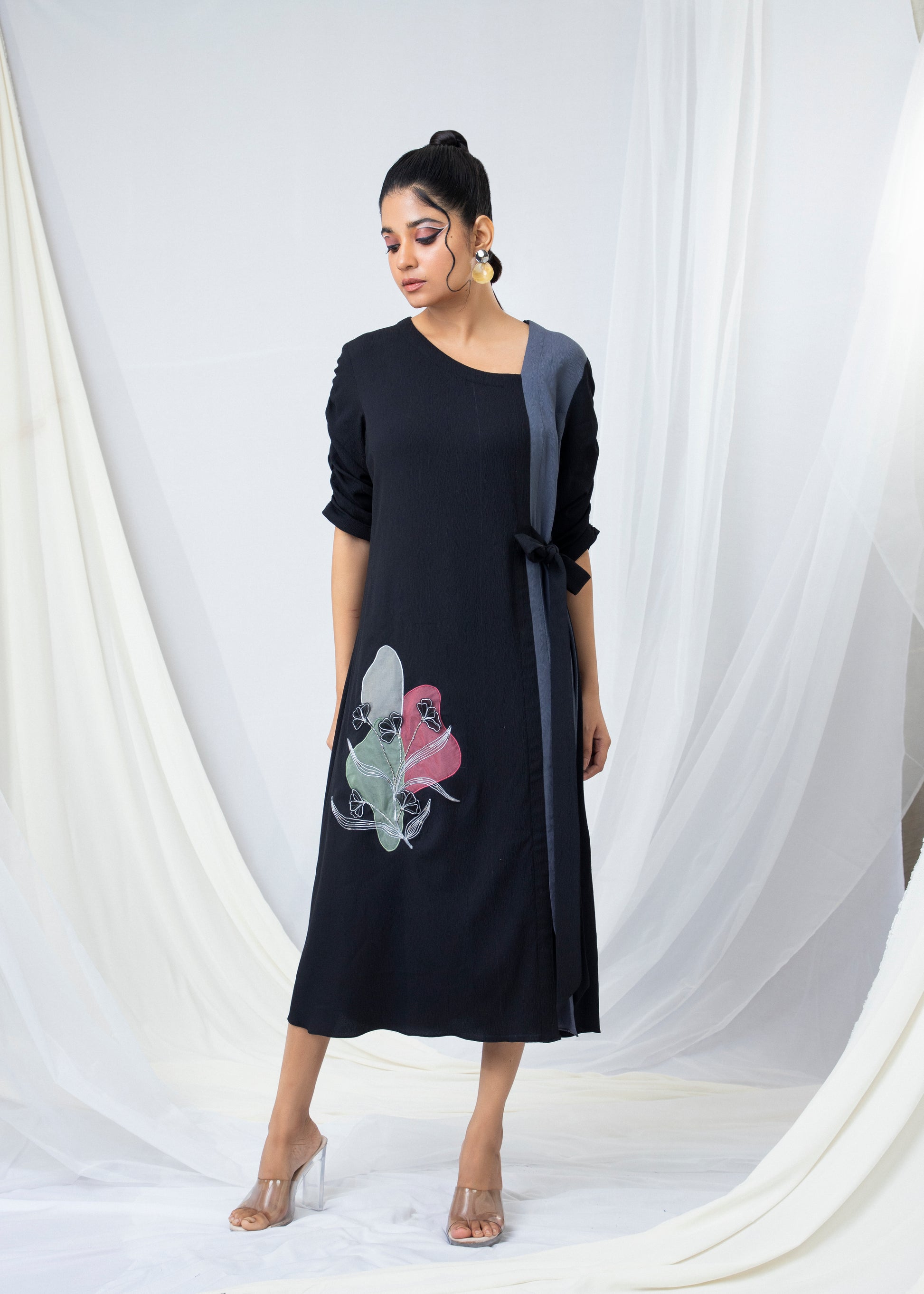 Bi-colour Tie-up A Line Dress with Floral Embroidery - Arimi - House Of Design