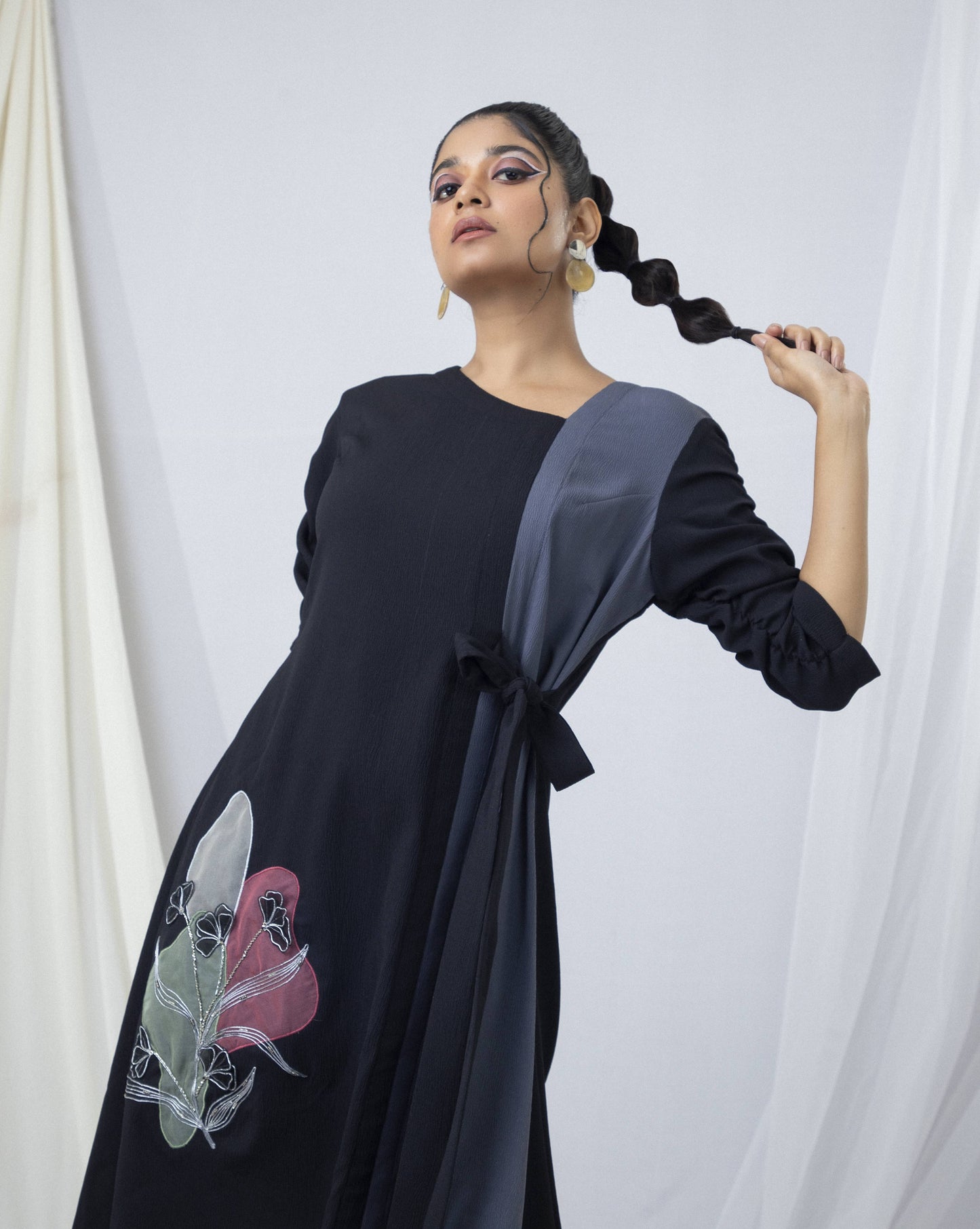 Bi-colour Tie-up A Line Dress with Floral Embroidery - Arimi - House Of Design