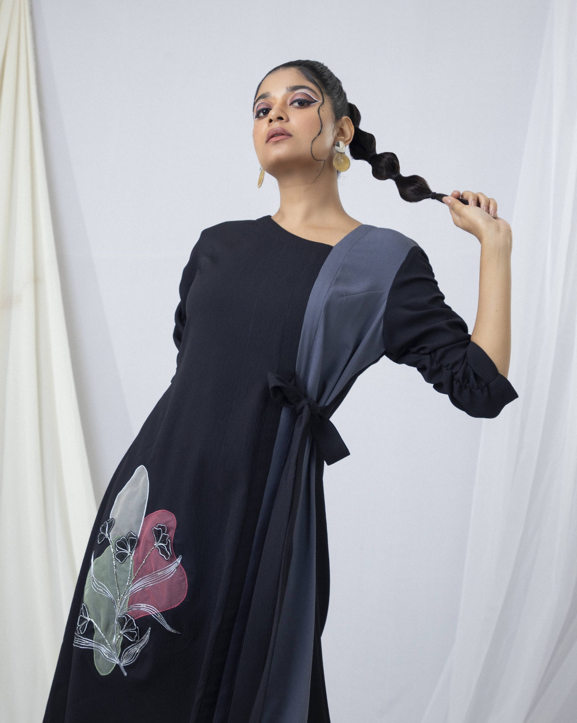 Bi-colour Tie-up A Line Dress with Floral Embroidery - Arimi - House Of Design
