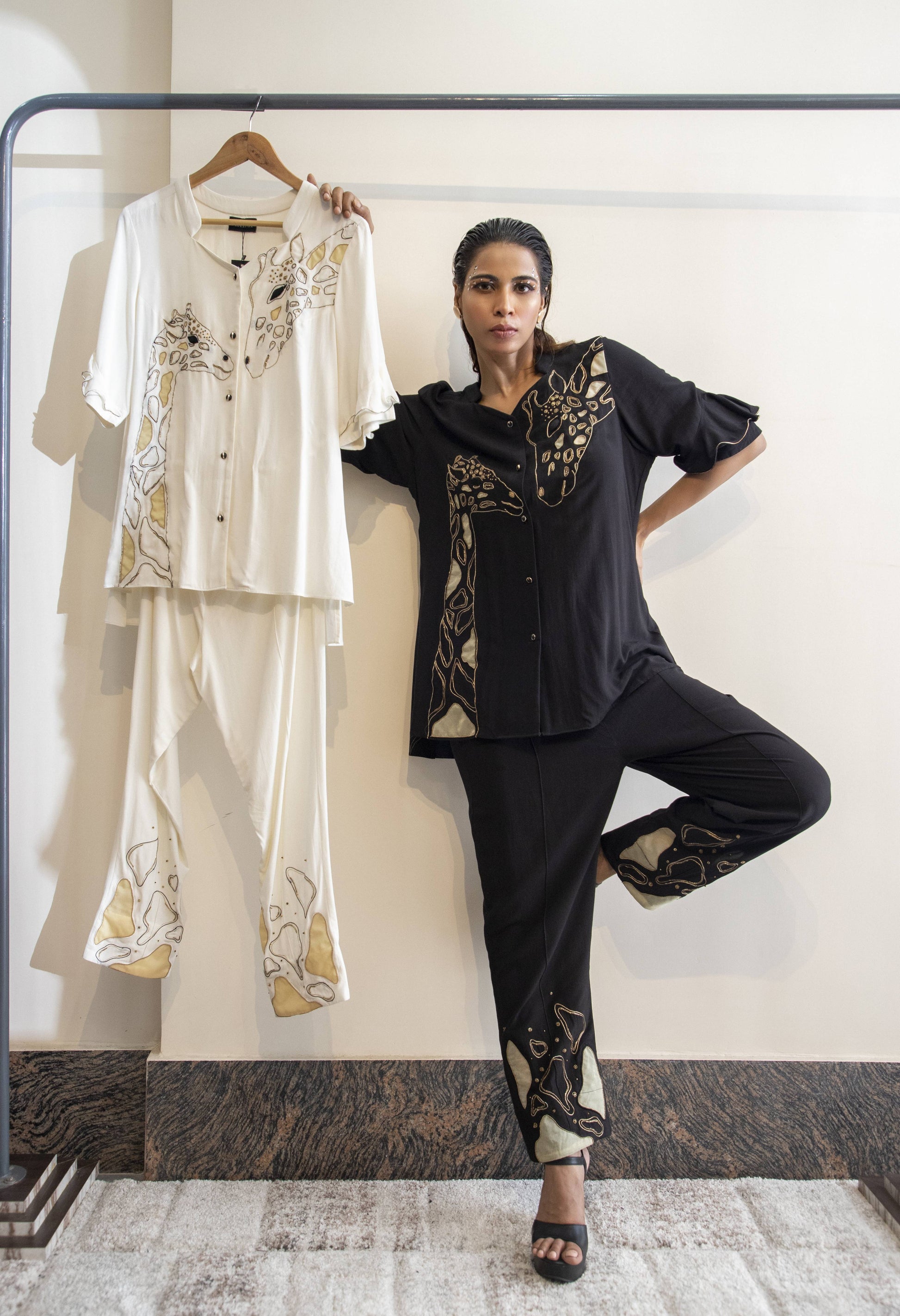 Giraffe Embroidered Co-ord Set With Frill Detail Sleeve - Arimi - House Of Design