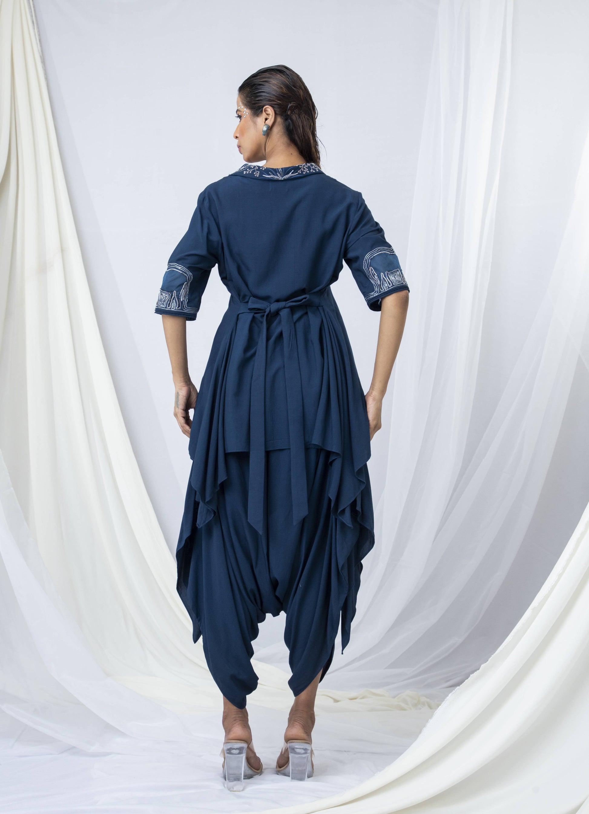 Ethereal Elephant Embroidered Bi-Layer Co-ord Set Paired with Drape Dhoti Pant - Arimi - House Of Design