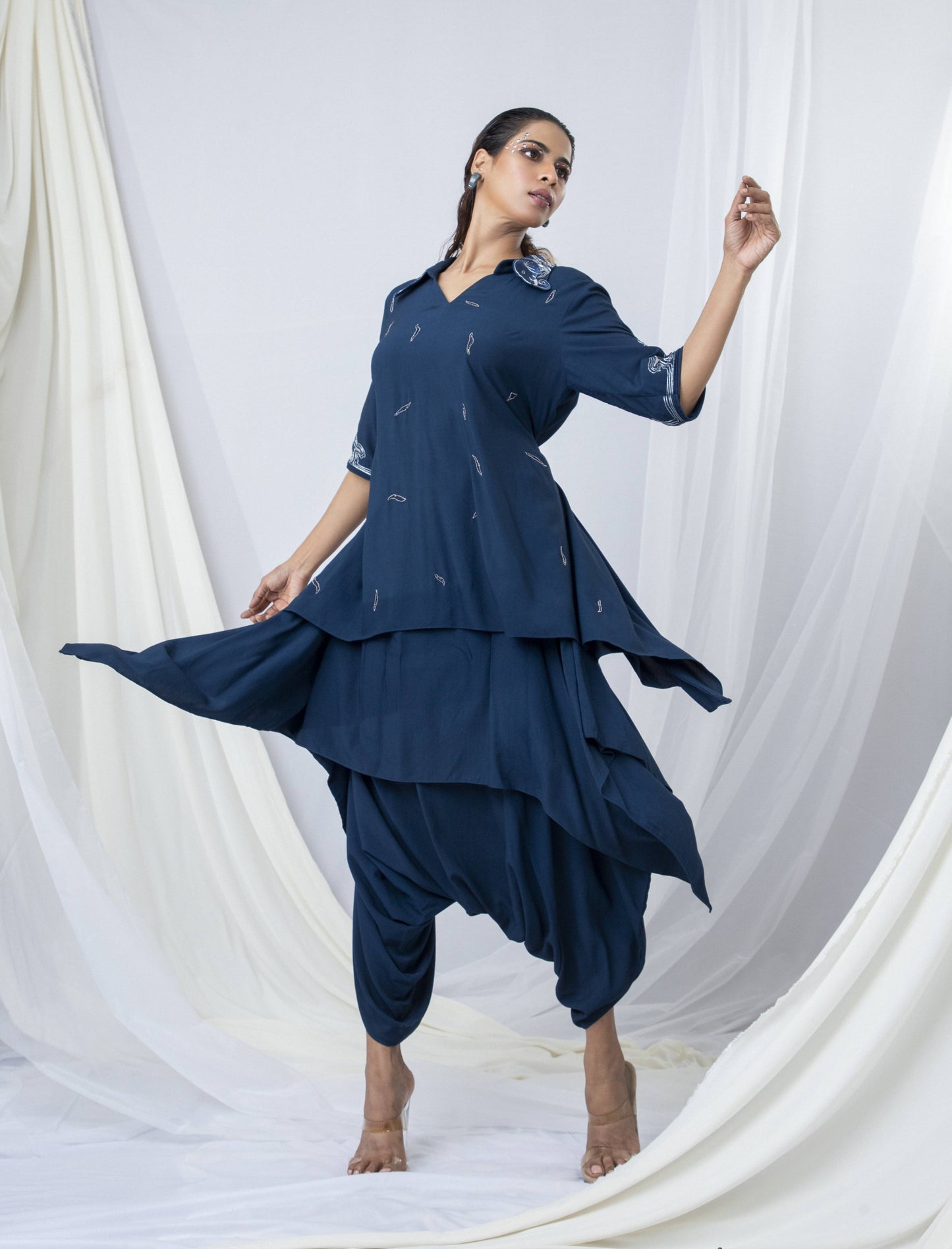 Ethereal Elephant Embroidered Bi-Layer Co-ord Set Paired with Drape Dhoti Pant - Arimi - House Of Design