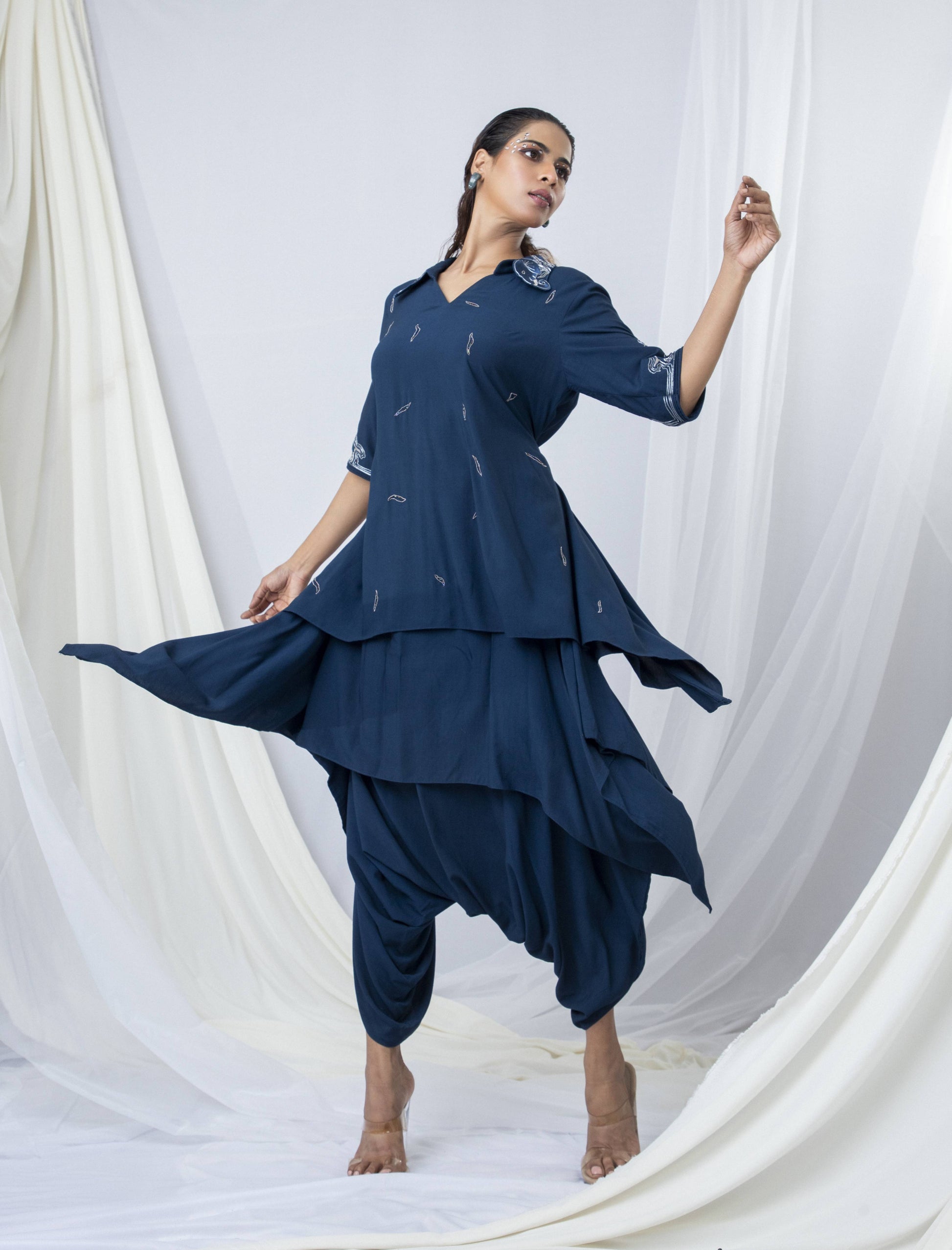 Ethereal Elephant Embroidered Bi-Layer Co-ord Set Paired with Drape Dhoti Pant - Arimi - House Of Design