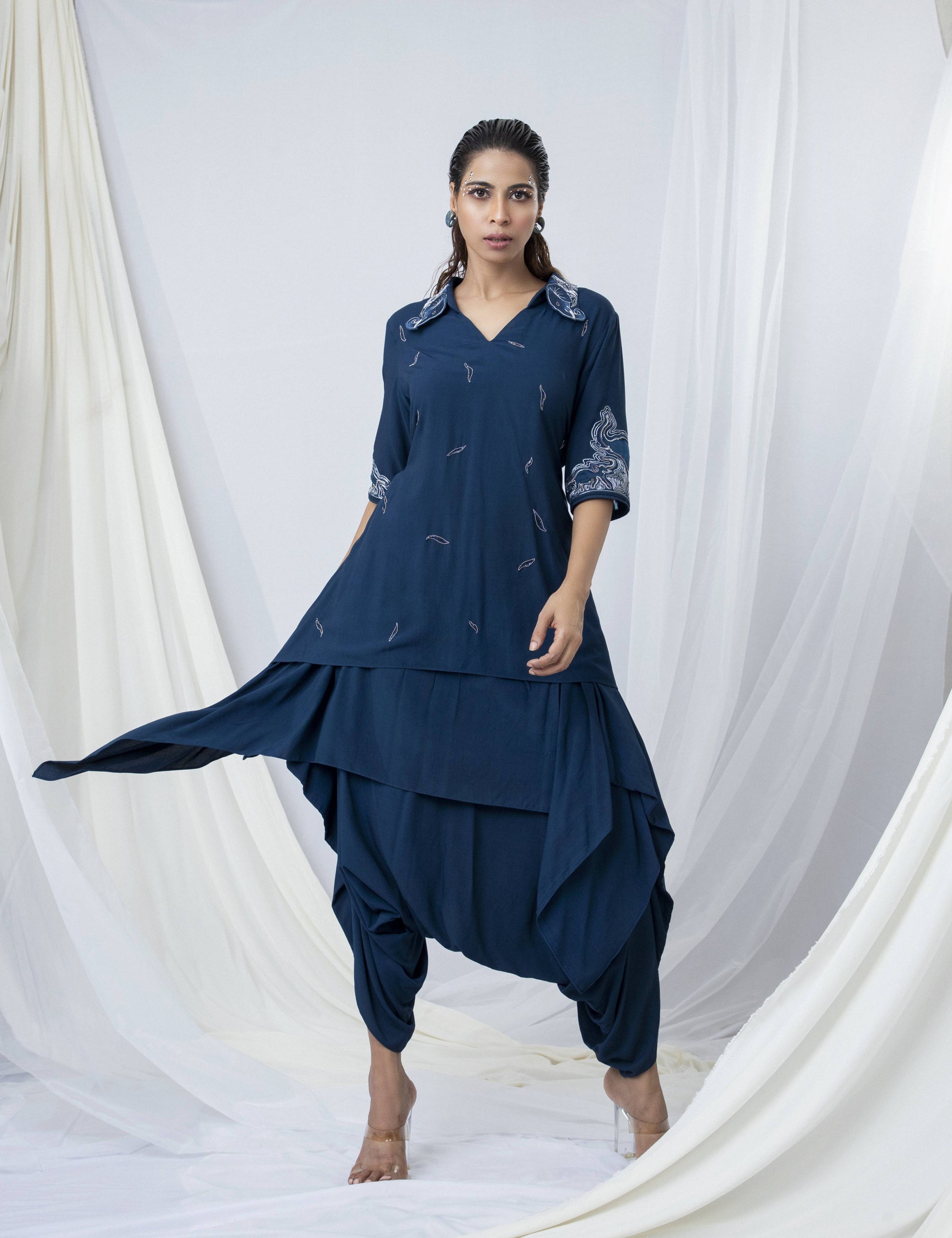 Ethereal Elephant Embroidered Bi-Layer Co-ord Set Paired with Drape Dhoti Pant - Arimi - House Of Design