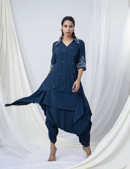 Ethereal Elephant Embroidered Bi-Layer Co-ord Set Paired with Drape Dhoti Pant - Arimi - House Of Design