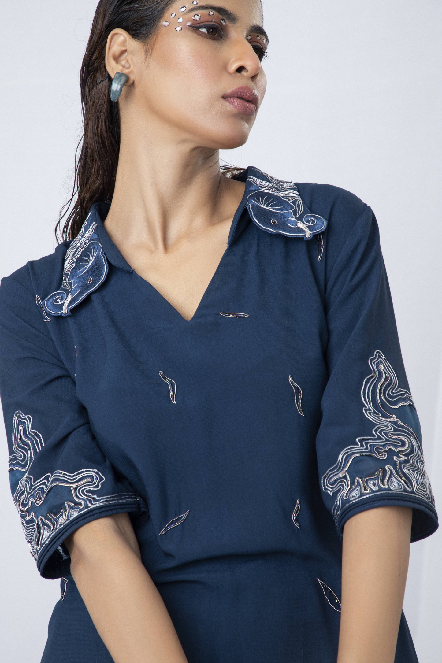 Ethereal Elephant Embroidered Bi-Layer Co-ord Set Paired with Drape Dhoti Pant - Arimi - House Of Design