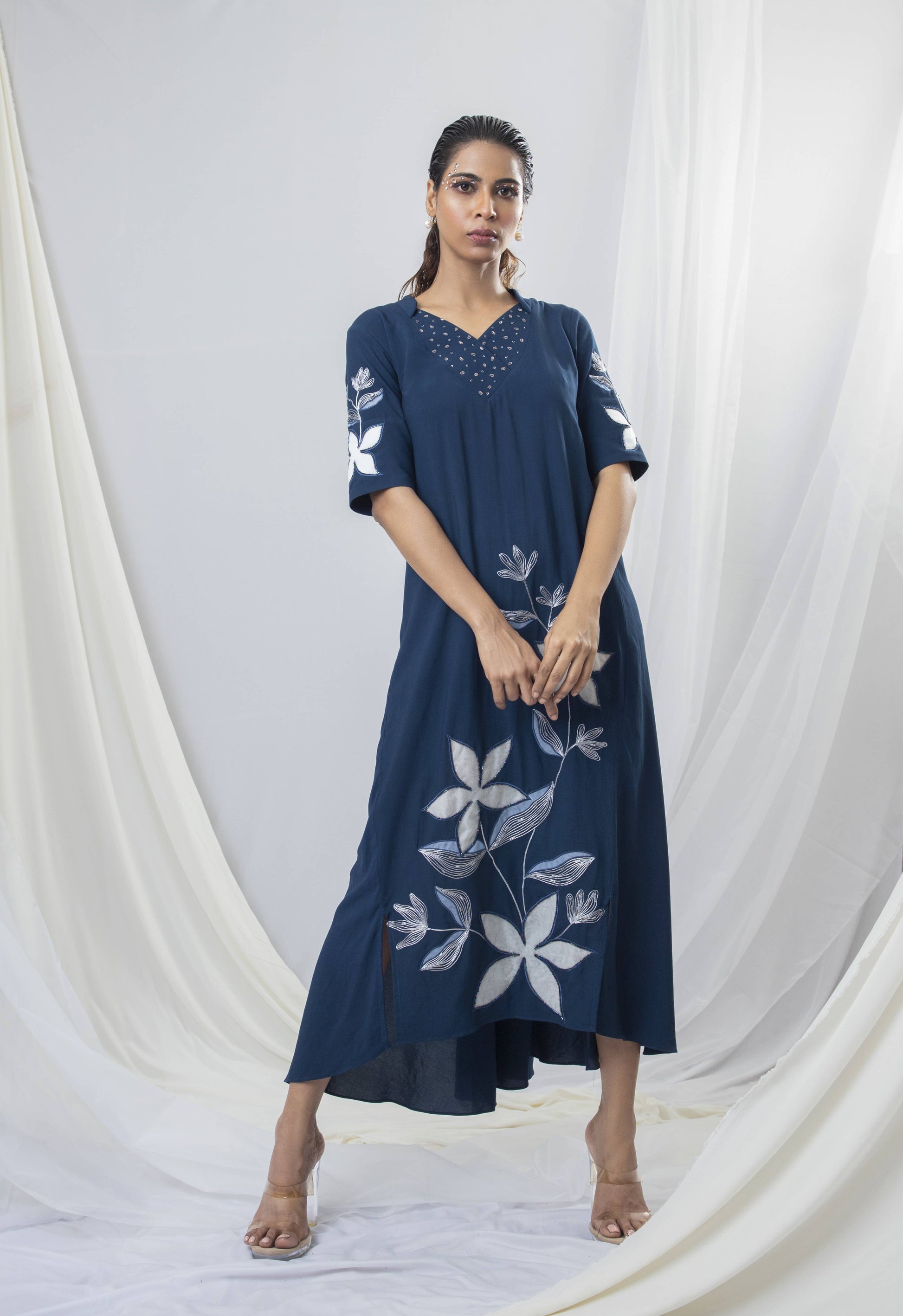Floral Embroidered Trapeze Dress - Arimi - House Of Design