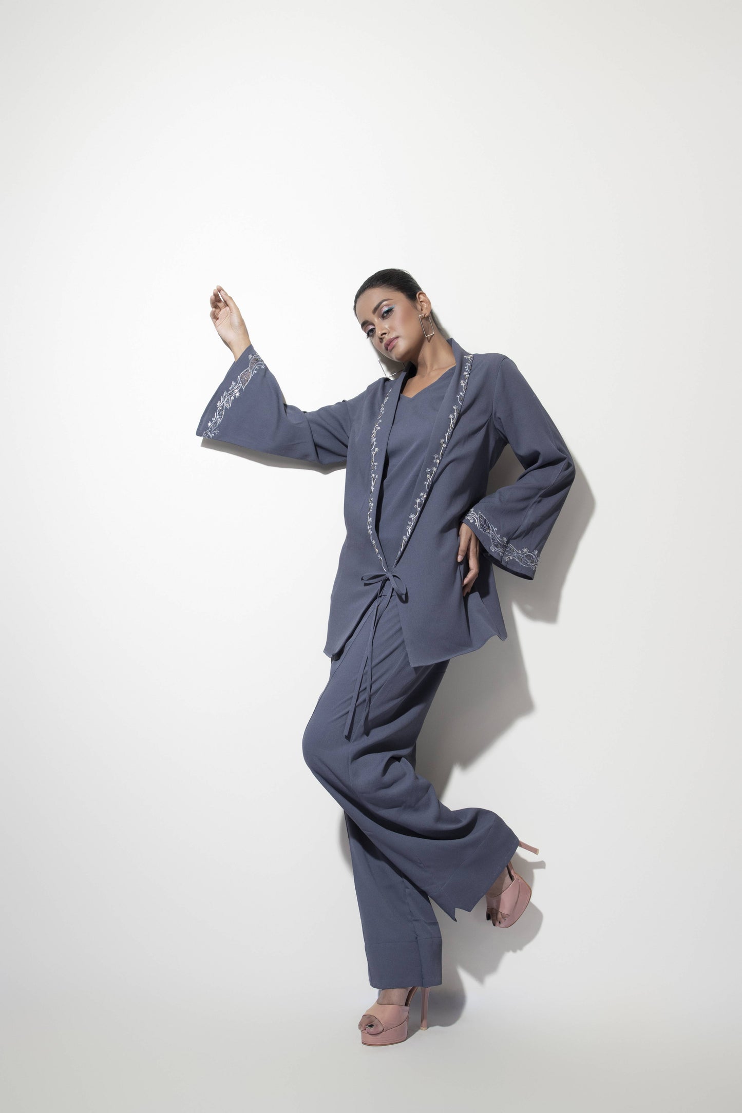 Wide Sleeve Embroidered Jacket paired with tank top and Wide Trousers - Arimi - House Of Design