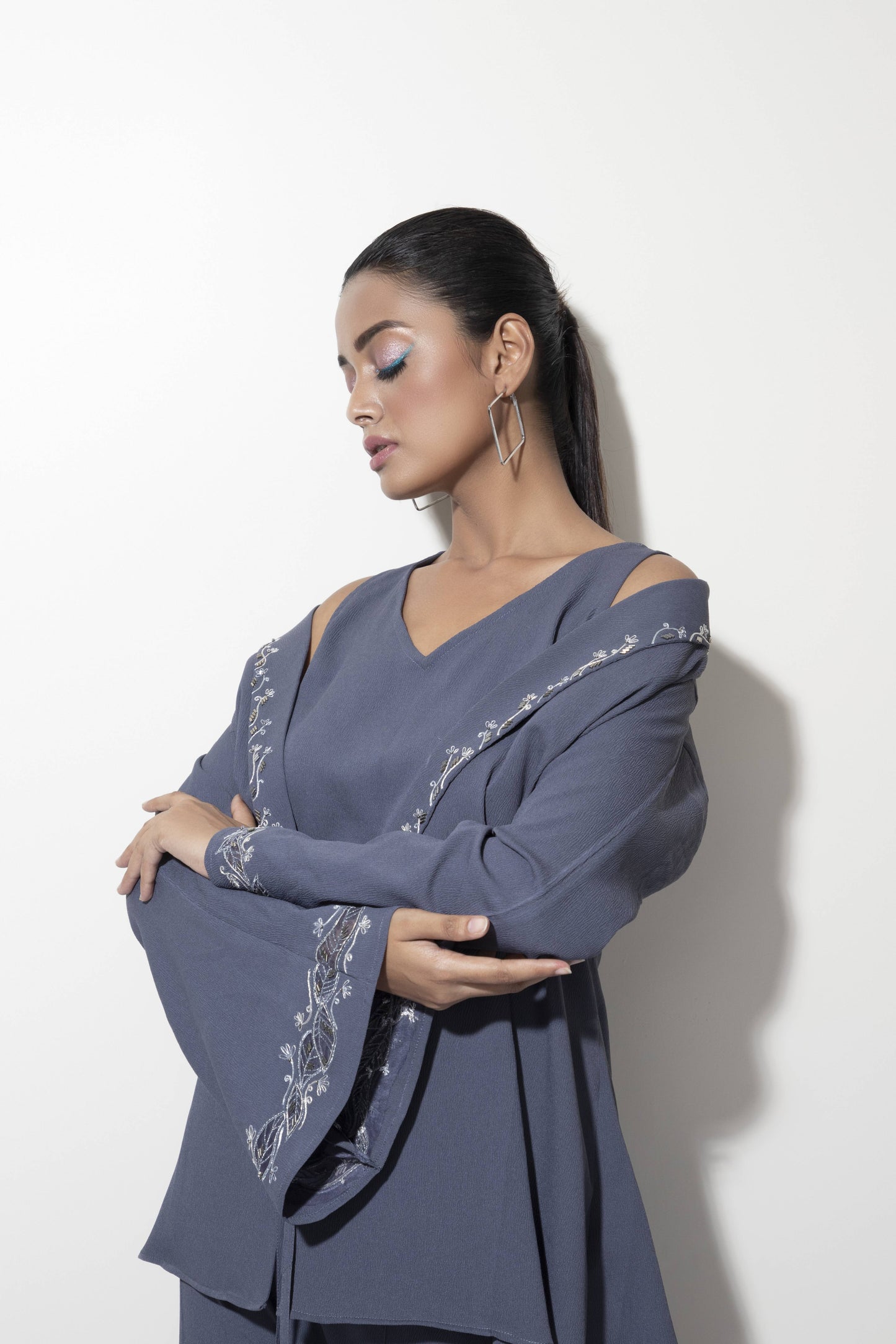 Wide Sleeve Embroidered Jacket paired with tank top and Wide Trousers - Arimi - House Of Design