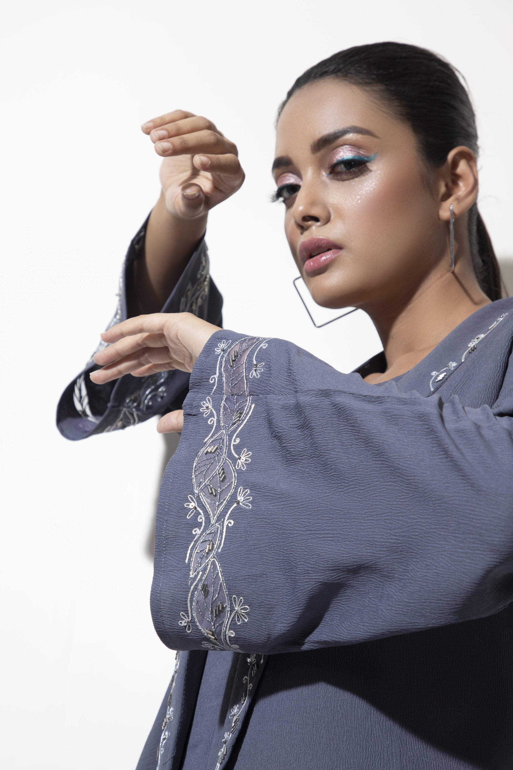 Wide Sleeve Embroidered Jacket paired with tank top and Wide Trousers - Arimi - House Of Design