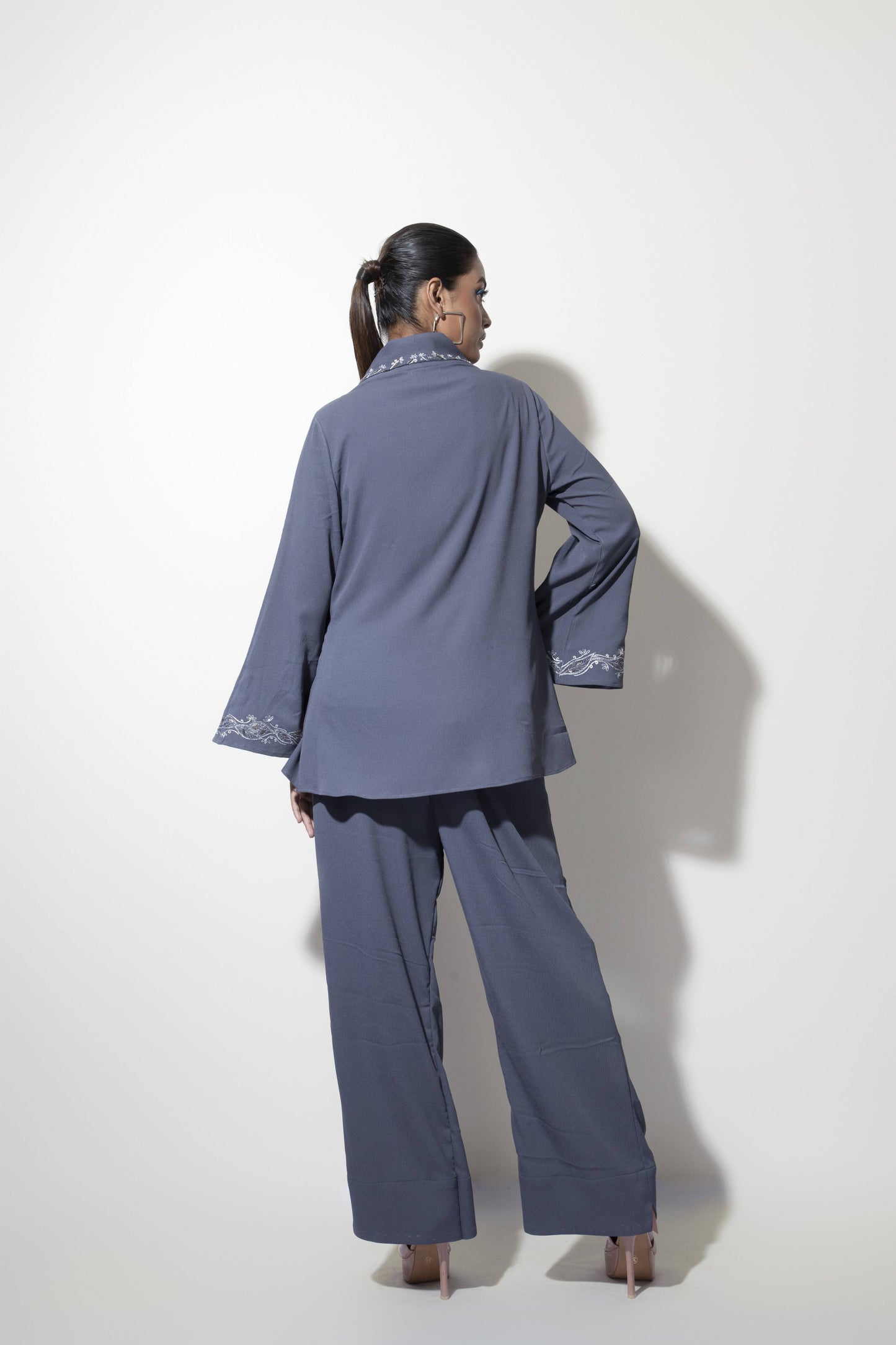 Wide Sleeve Embroidered Jacket paired with tank top and Wide Trousers - Arimi - House Of Design