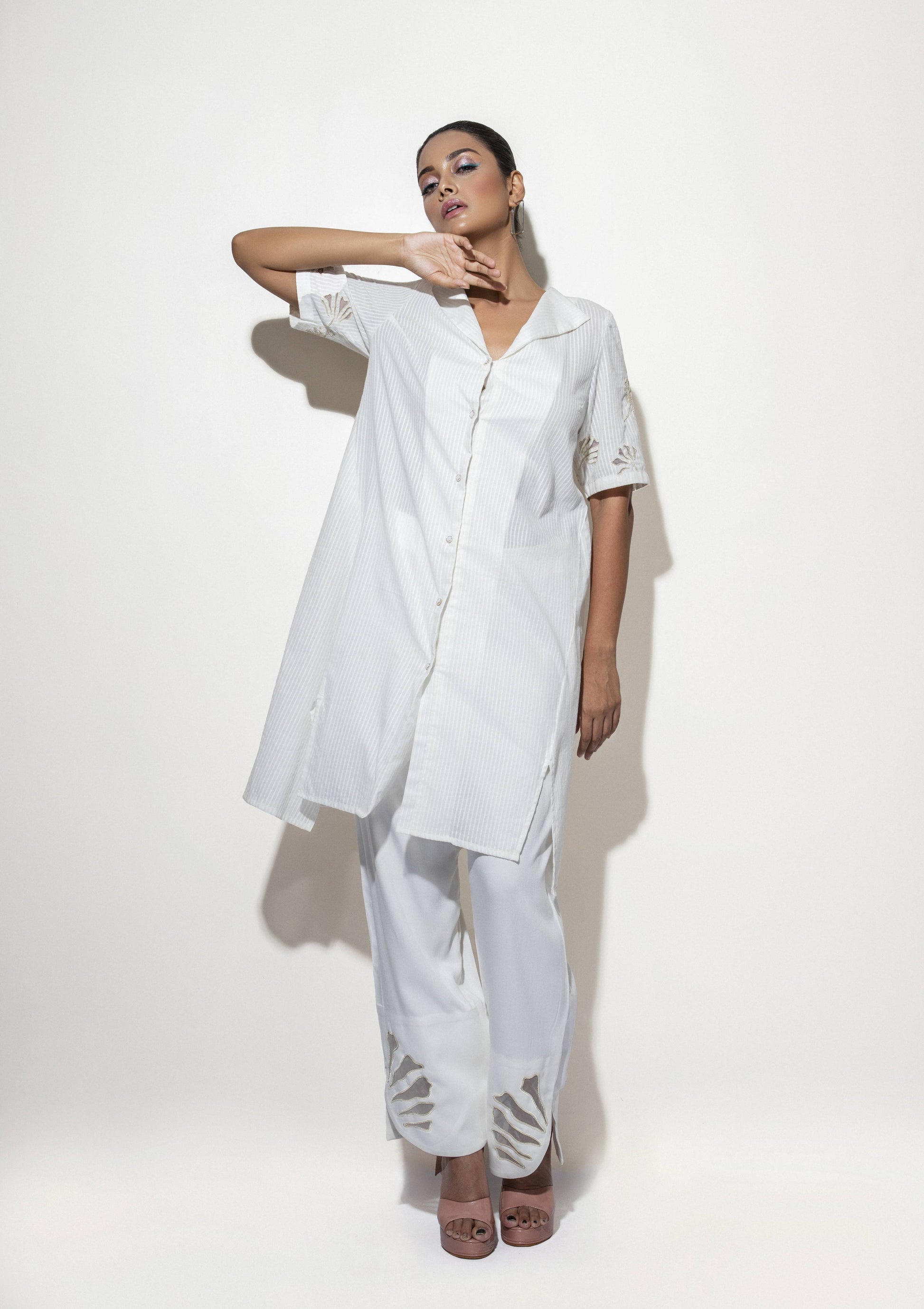 Floral Cut Work Long Trapeze Co-ord paired with detailed hem trousers - Arimi - House Of Design