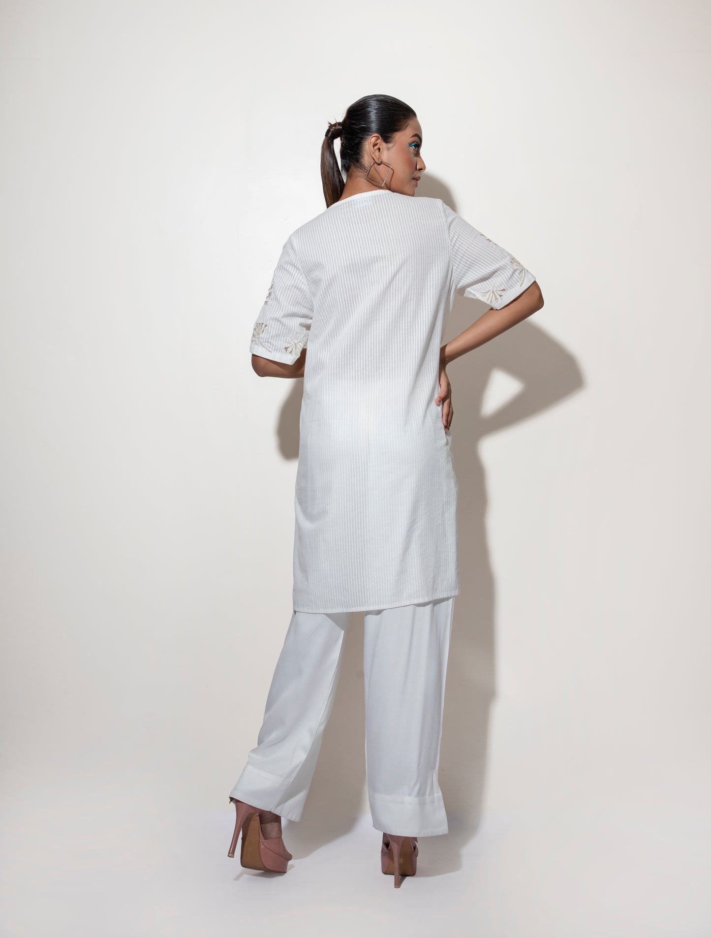 Floral Cut Work Long Trapeze Co-ord paired with detailed hem trousers - Arimi - House Of Design