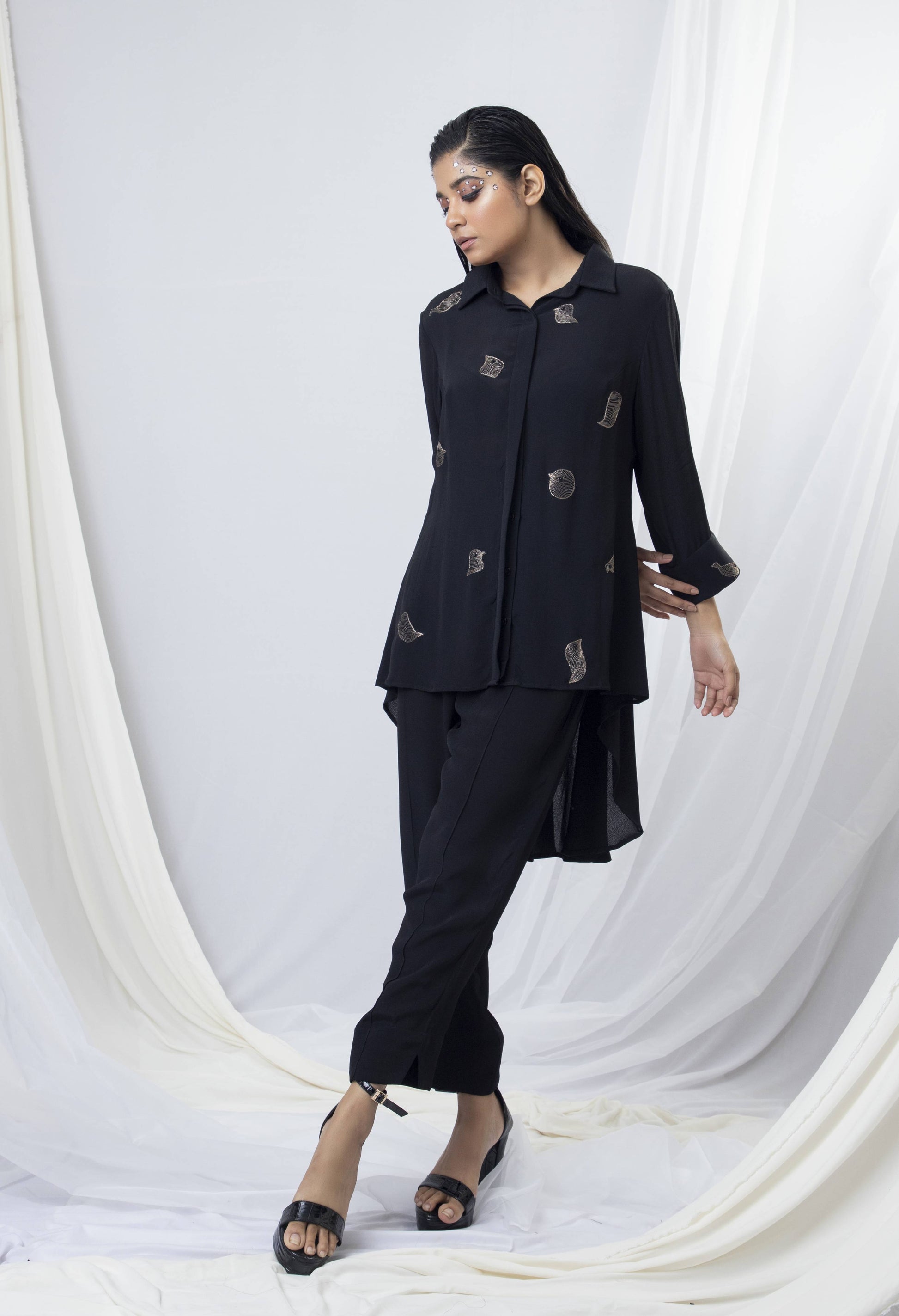 Placement Embroidery Bias Cut Co-ord Set (Gold Zari Bird Embroiery / Blue Zari Bird Embroiery) - Arimi - House Of Design