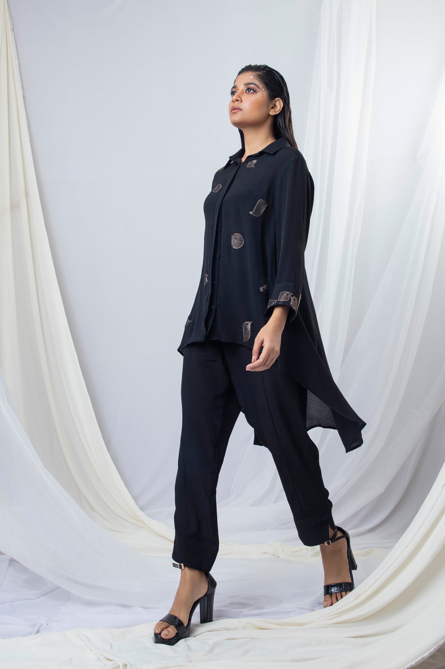 Placement Embroidery Bias Cut Co-ord Set (Gold Zari Bird Embroiery / Blue Zari Bird Embroiery) - Arimi - House Of Design