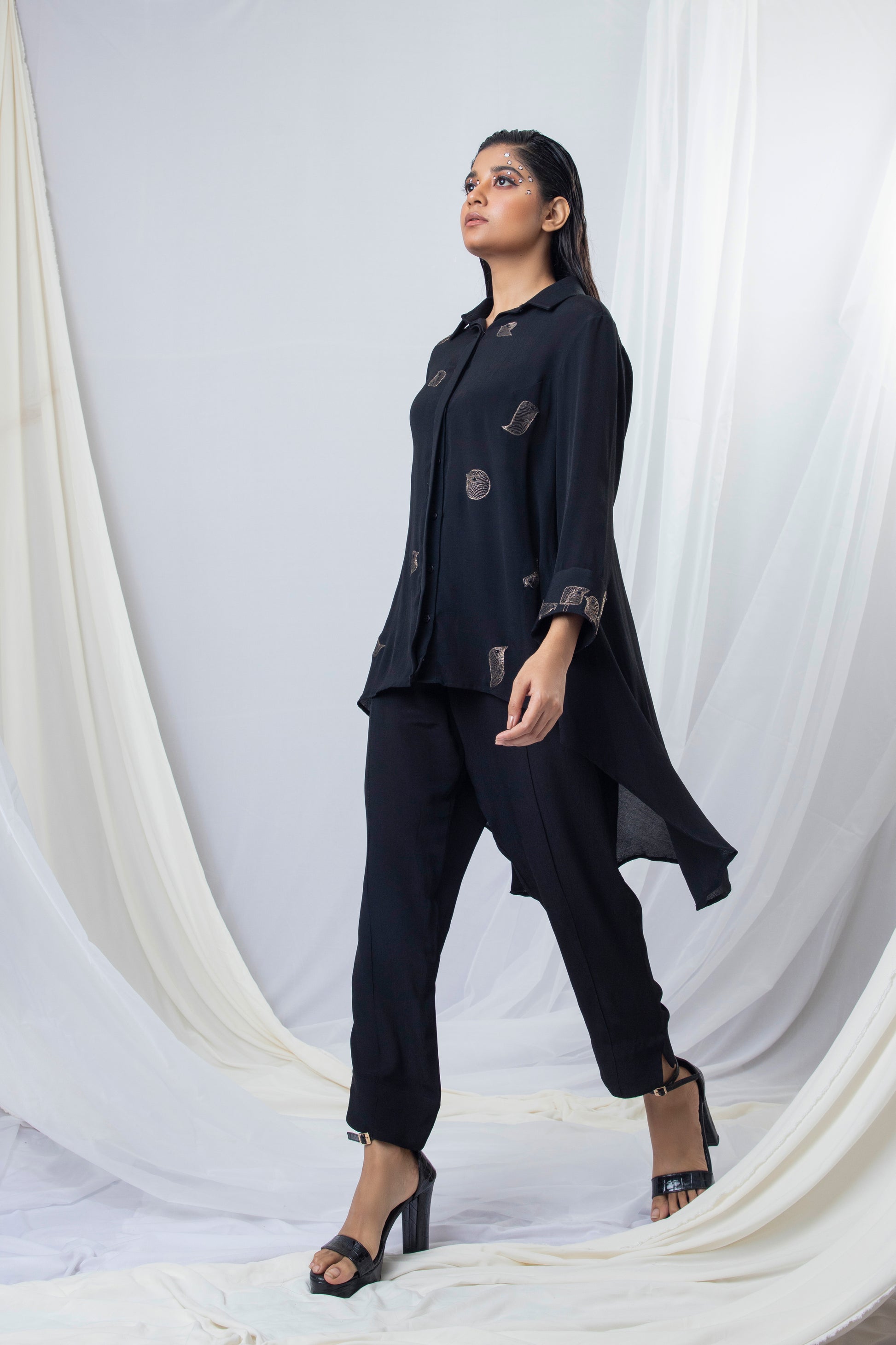 Placement Embroidery Bias Cut Co-ord Set (Gold Zari Bird Embroiery / Blue Zari Bird Embroiery) - Arimi - House Of Design