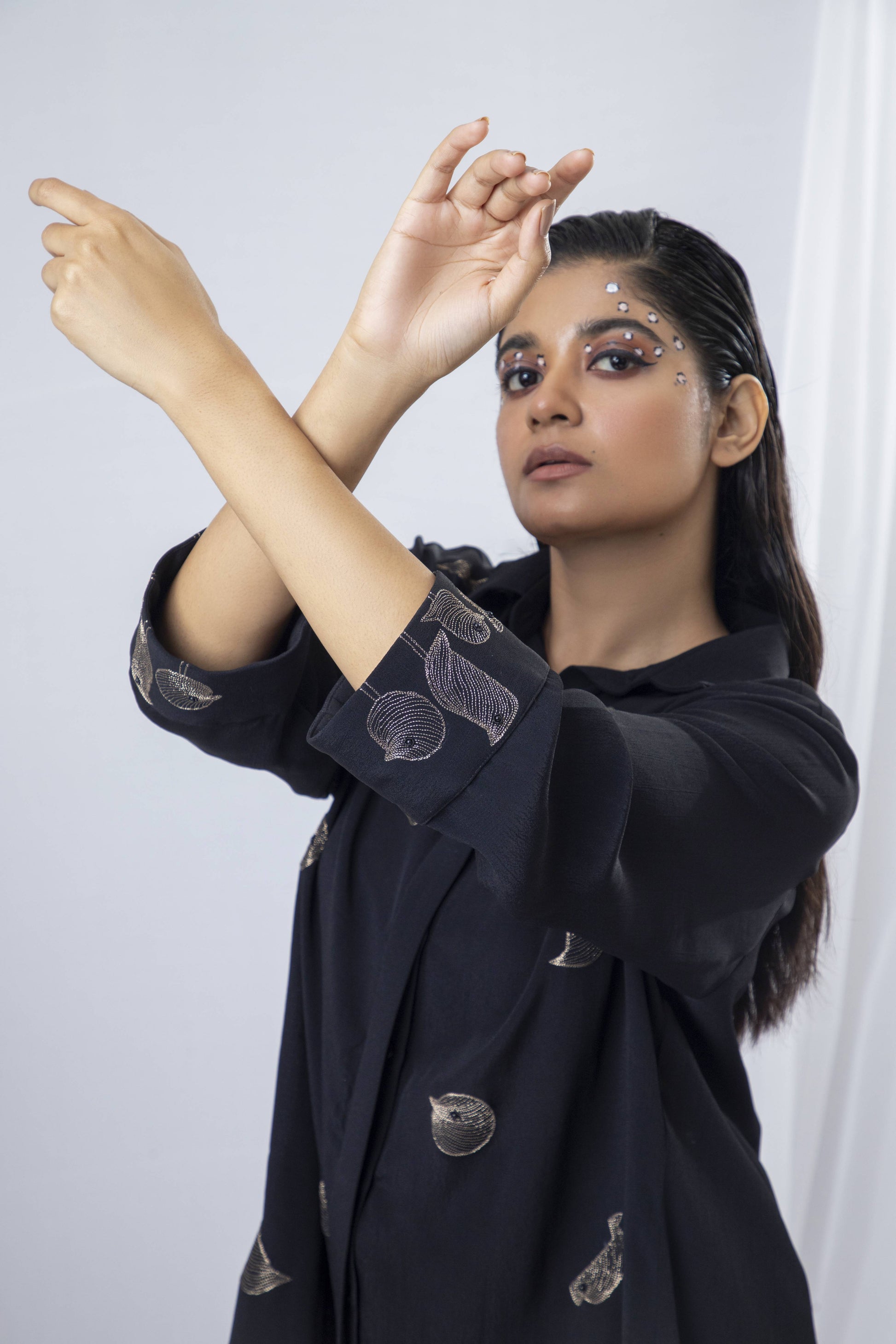 Placement Embroidery Bias Cut Co-ord Set (Gold Zari Bird Embroiery / Blue Zari Bird Embroiery) - Arimi - House Of Design