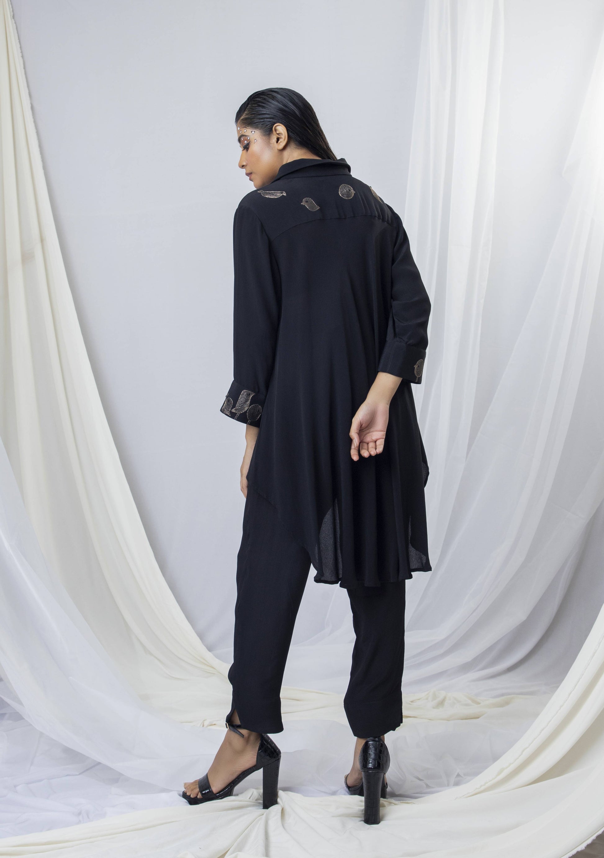 Placement Embroidery Bias Cut Co-ord Set (Gold Zari Bird Embroiery / Blue Zari Bird Embroiery) - Arimi - House Of Design