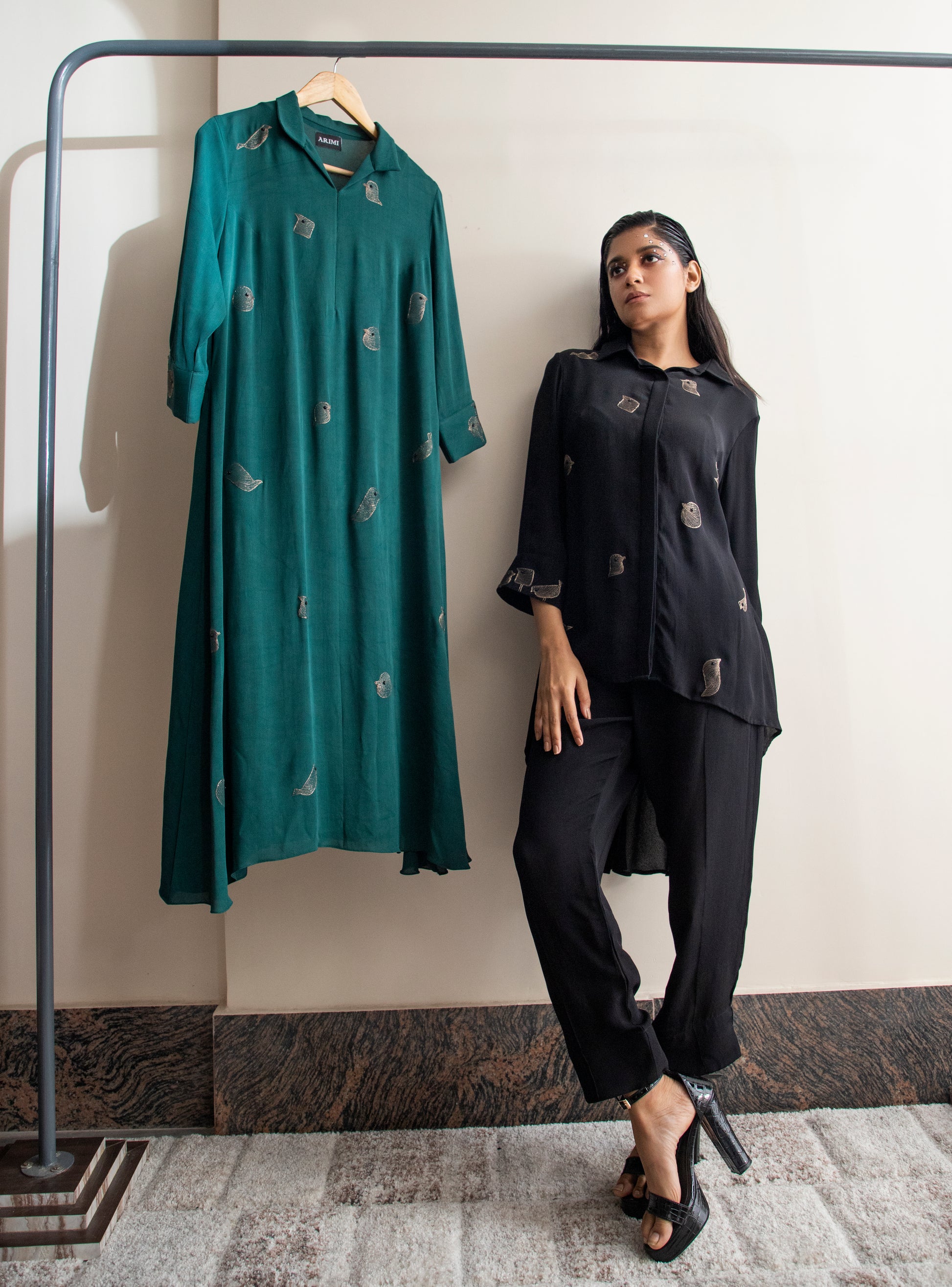 Bird Placement Embroiery  A-Line Dress (Gold Zari Bird Embroiery / Blue Zari Bird Embroiery) - Arimi - House Of Design