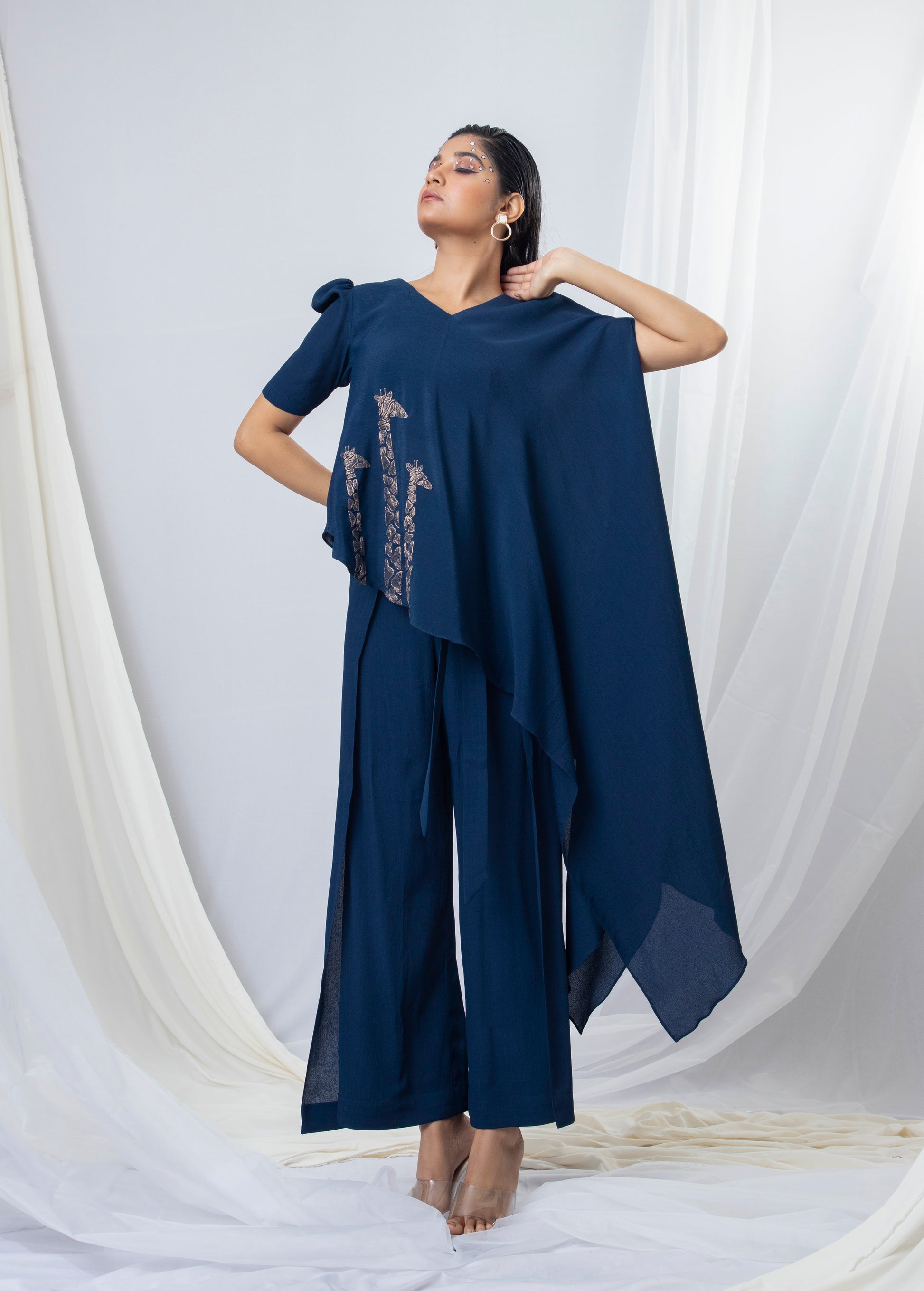 Drape Giraffe Embroidered Top with Wrap Around Trousers - Arimi - House Of Design