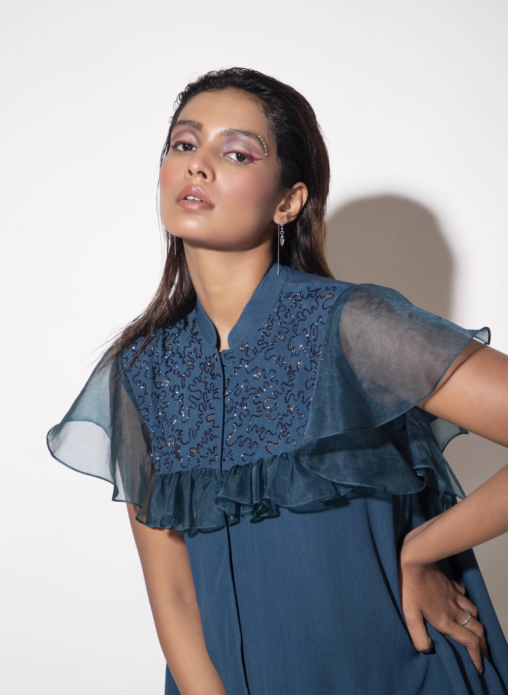 Umbrella Cut Embroidered Shirt with Organza Details - Arimi - House Of Design