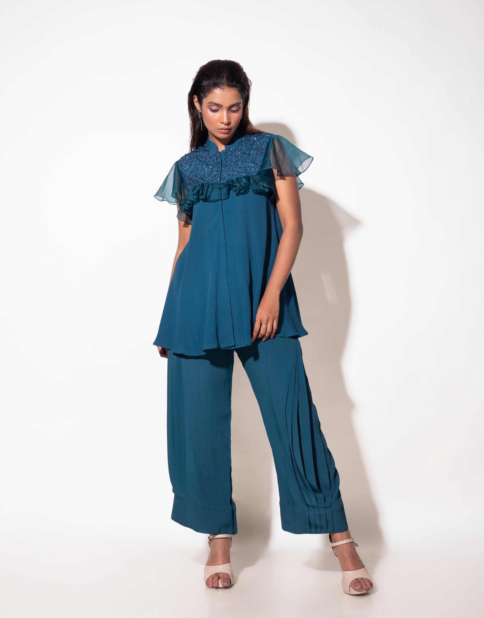 Umbrella Cut Embroidered Shirt with Organza Details - Arimi - House Of Design