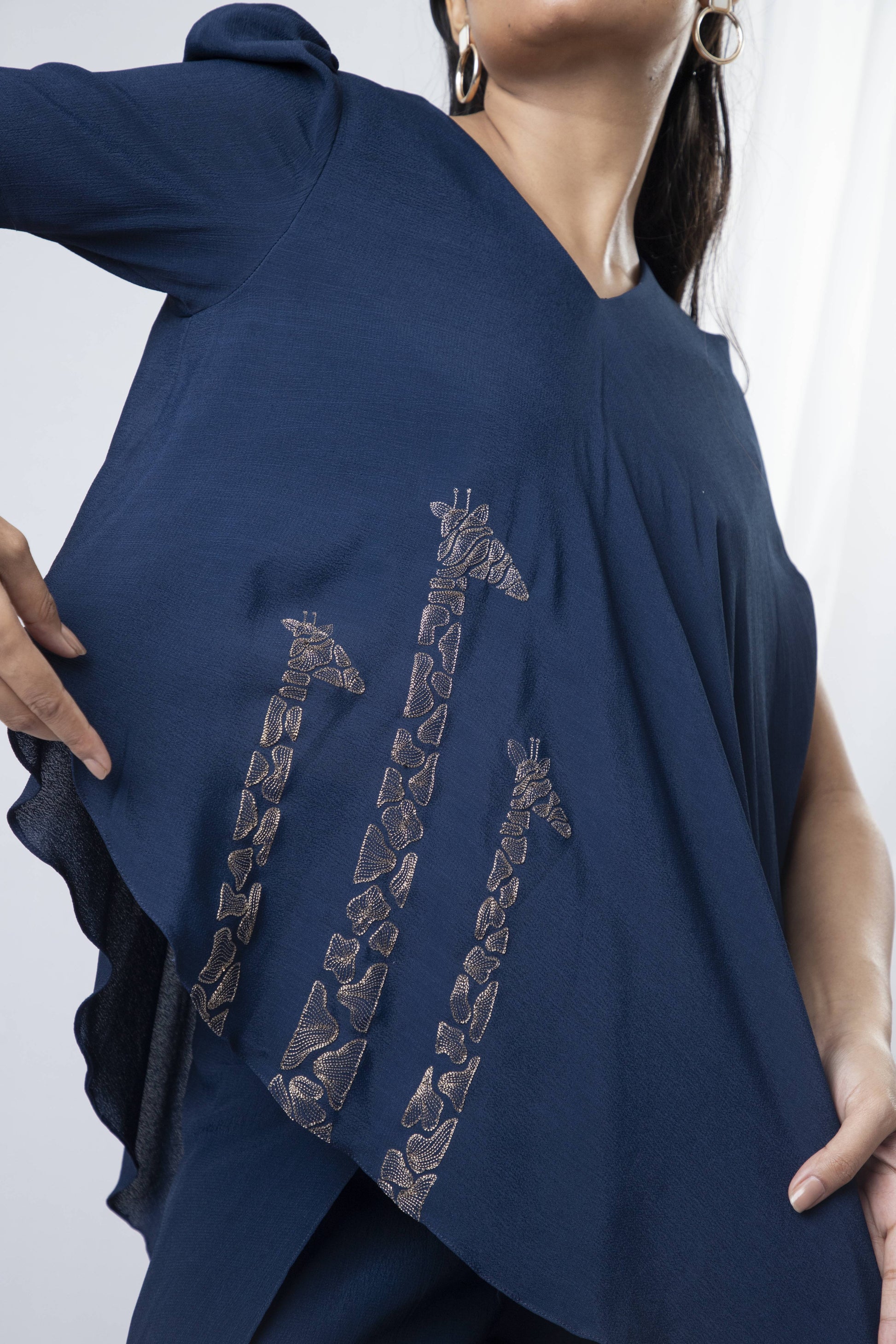 Drape Giraffe Embroidered Top with Wrap Around Trousers - Arimi - House Of Design