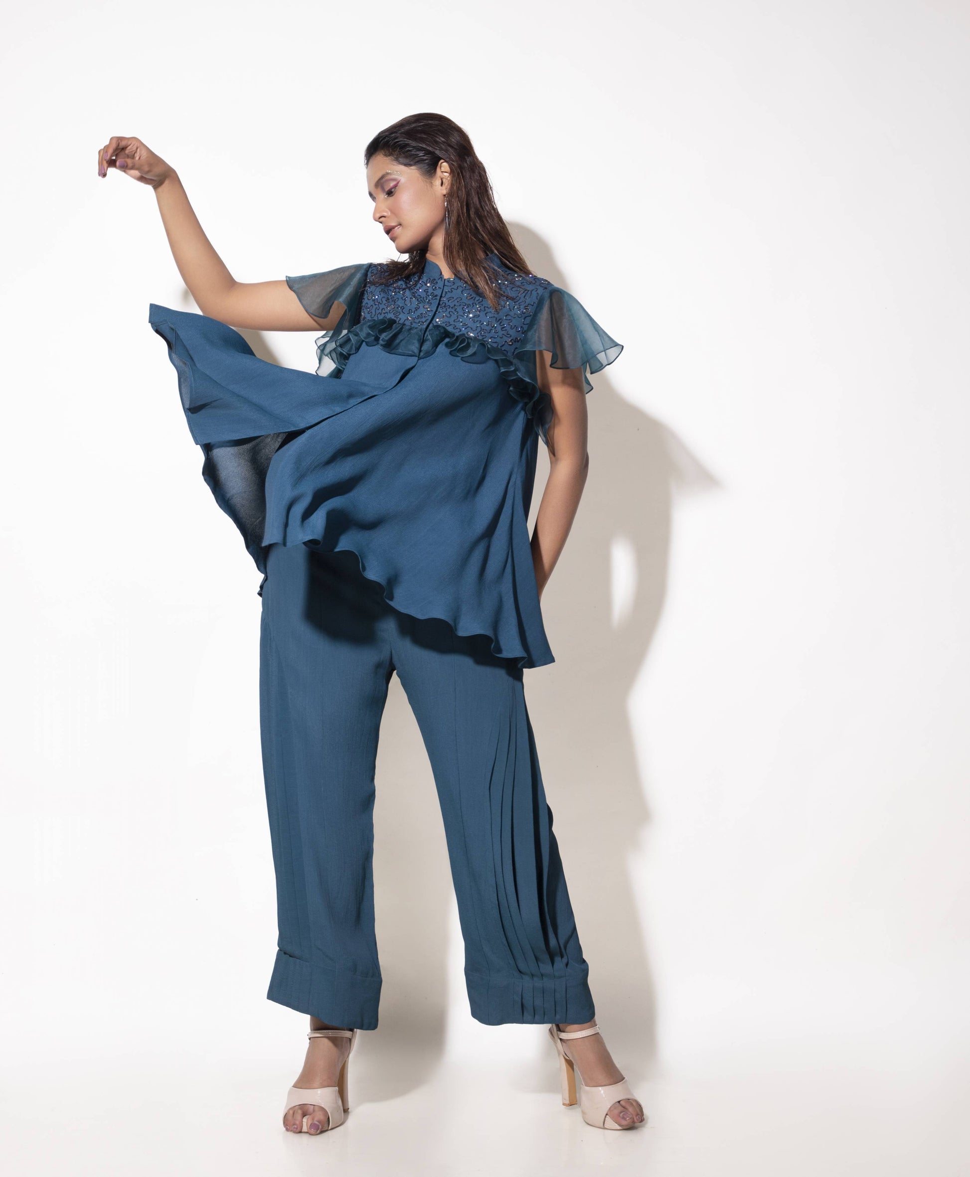 Umbrella Cut Embroidered Shirt with Organza Details - Arimi - House Of Design