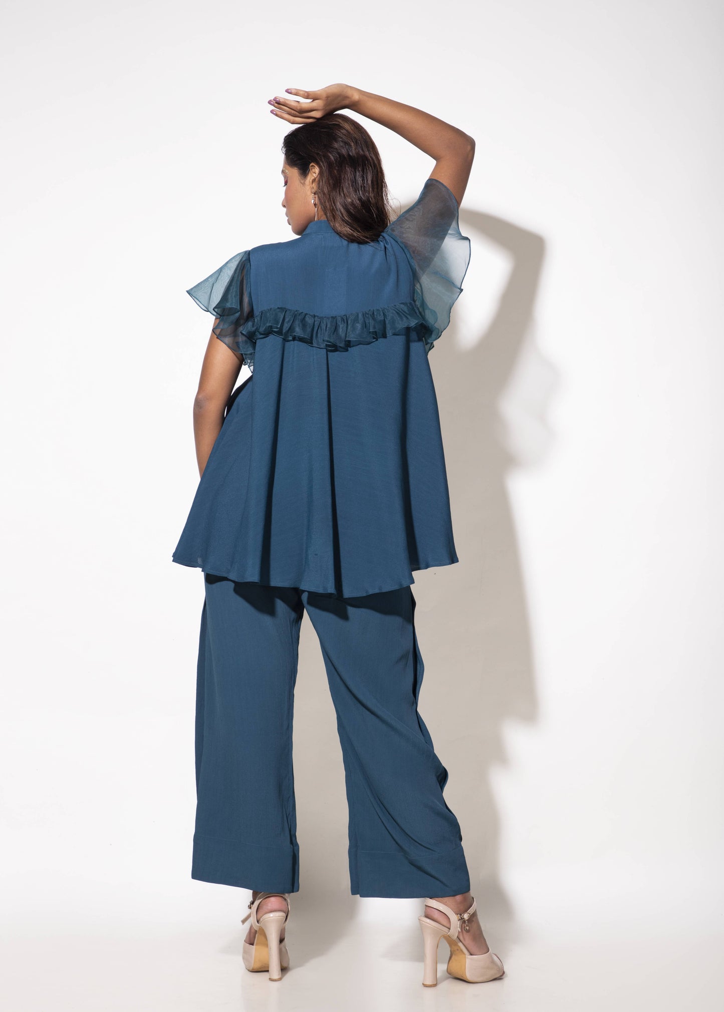 Umbrella Cut Embroidered Shirt with Organza Details - Arimi - House Of Design