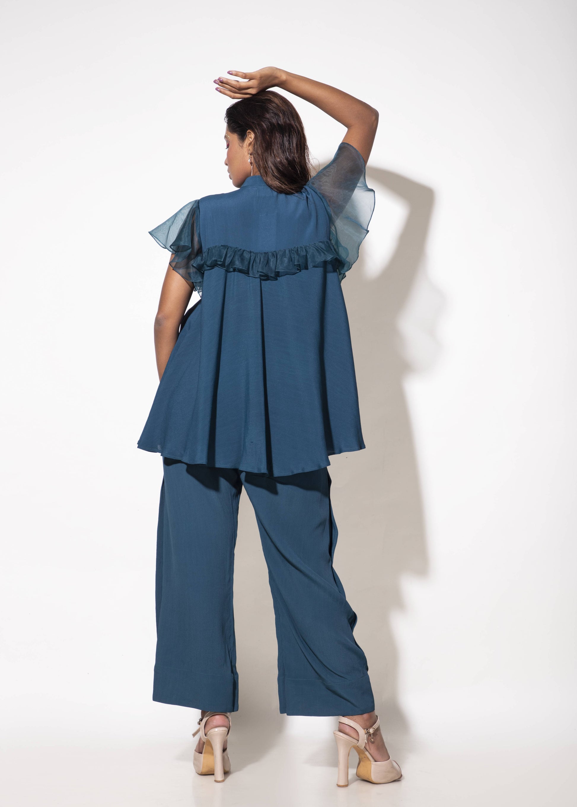 Umbrella Cut Embroidered Shirt with Organza Details - Arimi - House Of Design