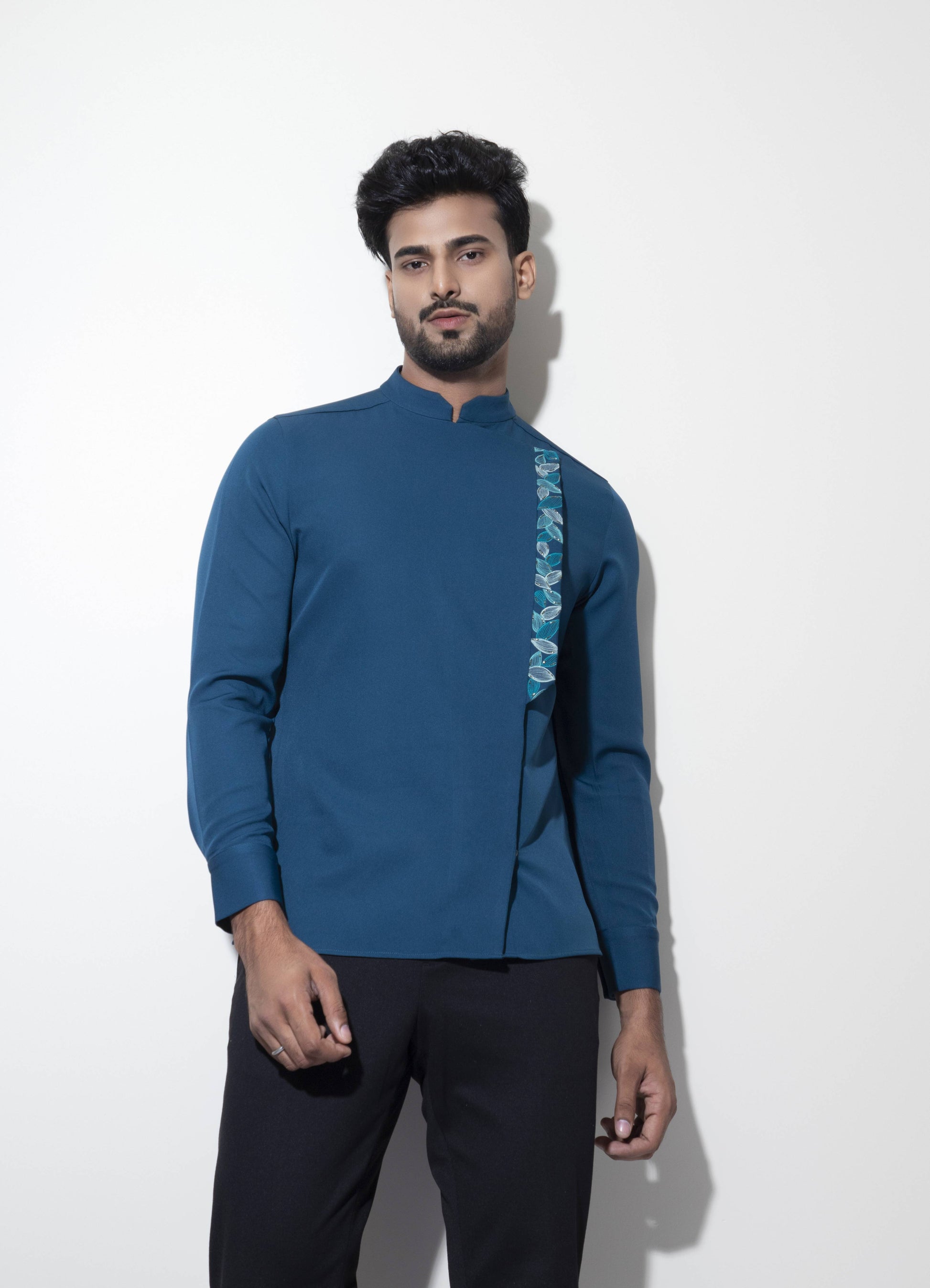 Asymmetric Overlap Shirt with  Embroidered Flap Detail - Arimi - House Of Design